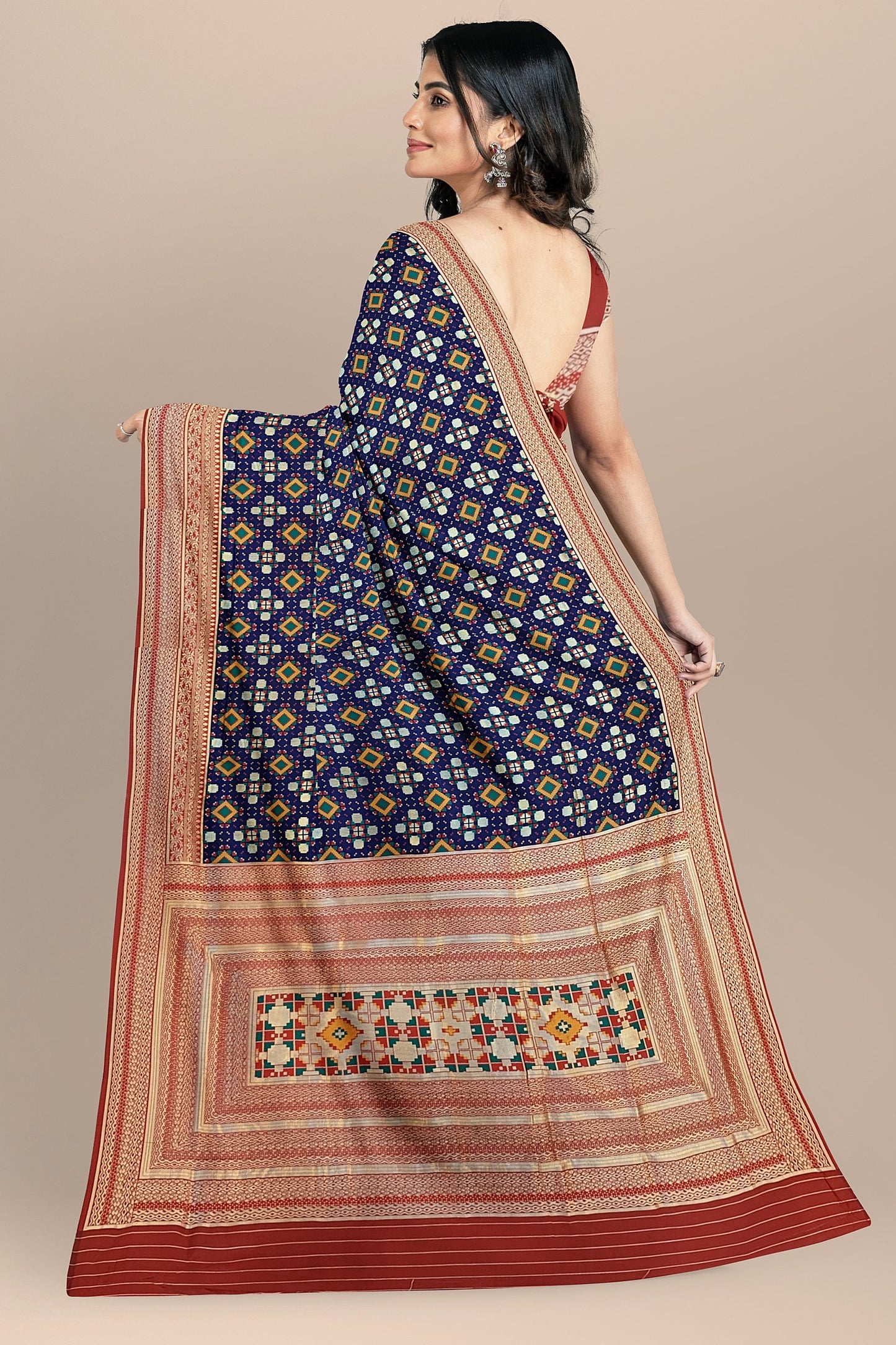 Stunning Navy Blue Patola Pattern Saree with Multi-Color Zaal Weaving, Red Contrast Pallu and Blouse