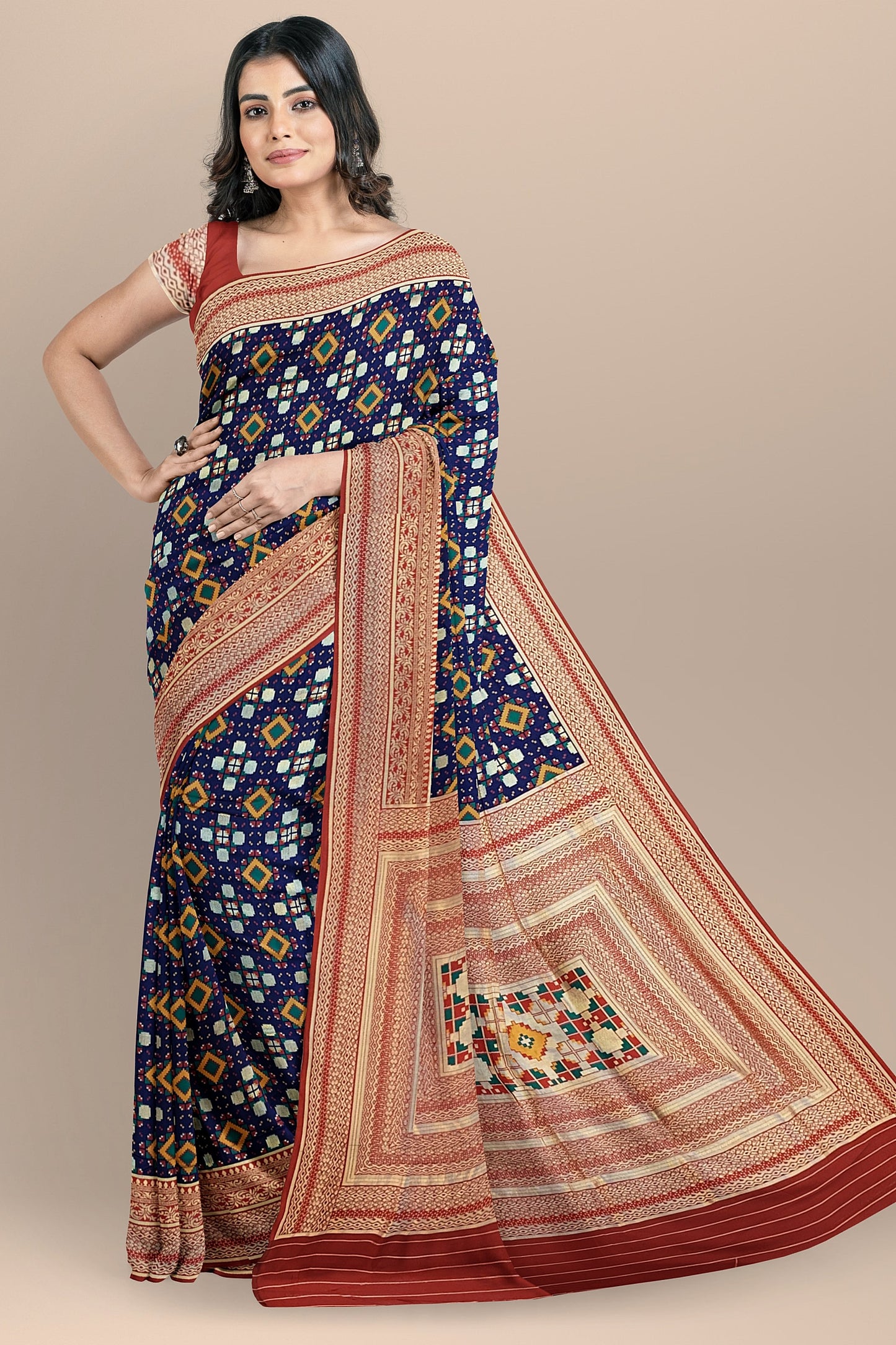 Stunning Navy Blue Patola Pattern Saree with Multi-Color Zaal Weaving, Red Contrast Pallu and Blouse