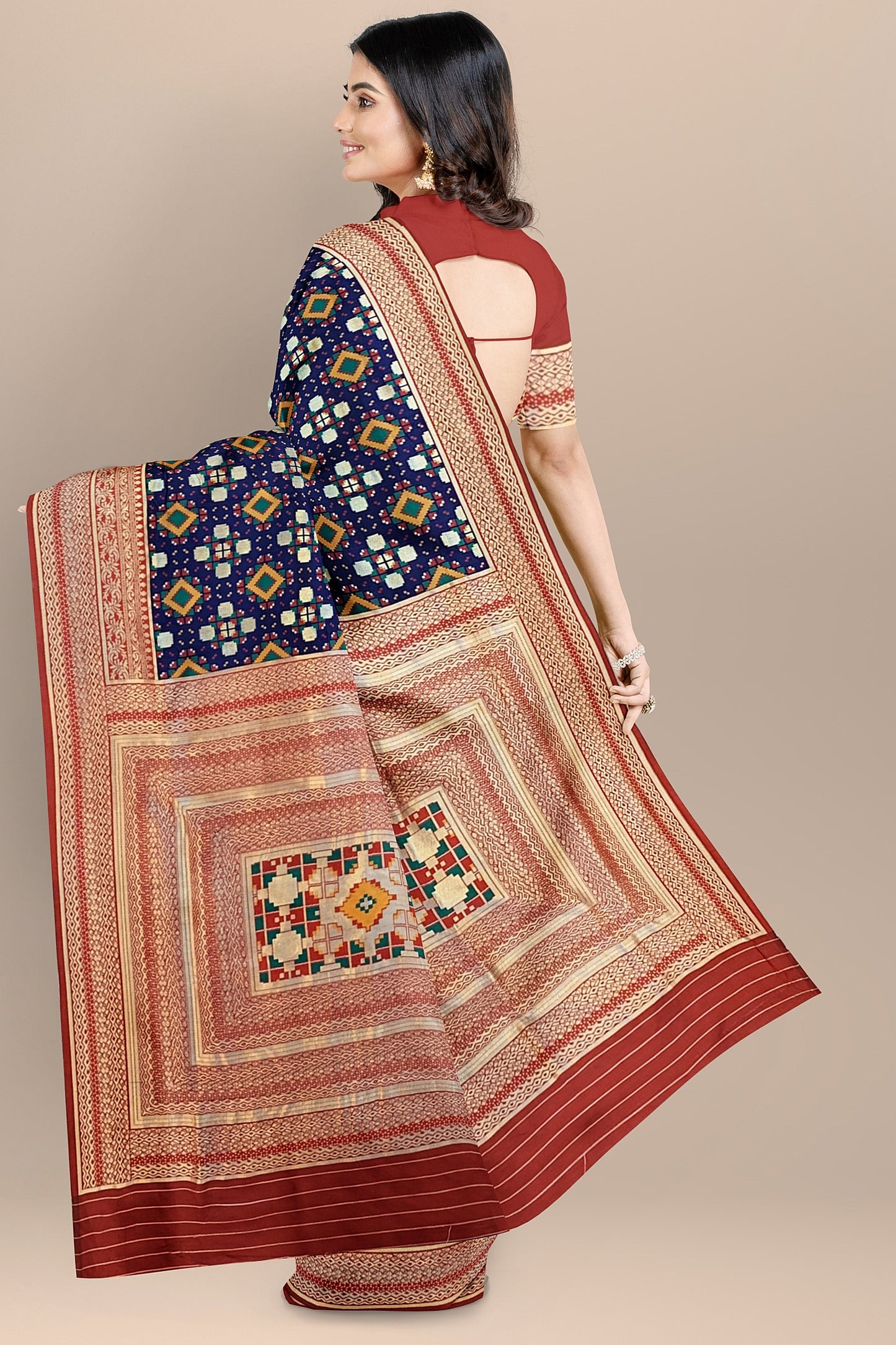 Stunning Navy Blue Patola Pattern Saree with Multi-Color Zaal Weaving, Red Contrast Pallu and Blouse