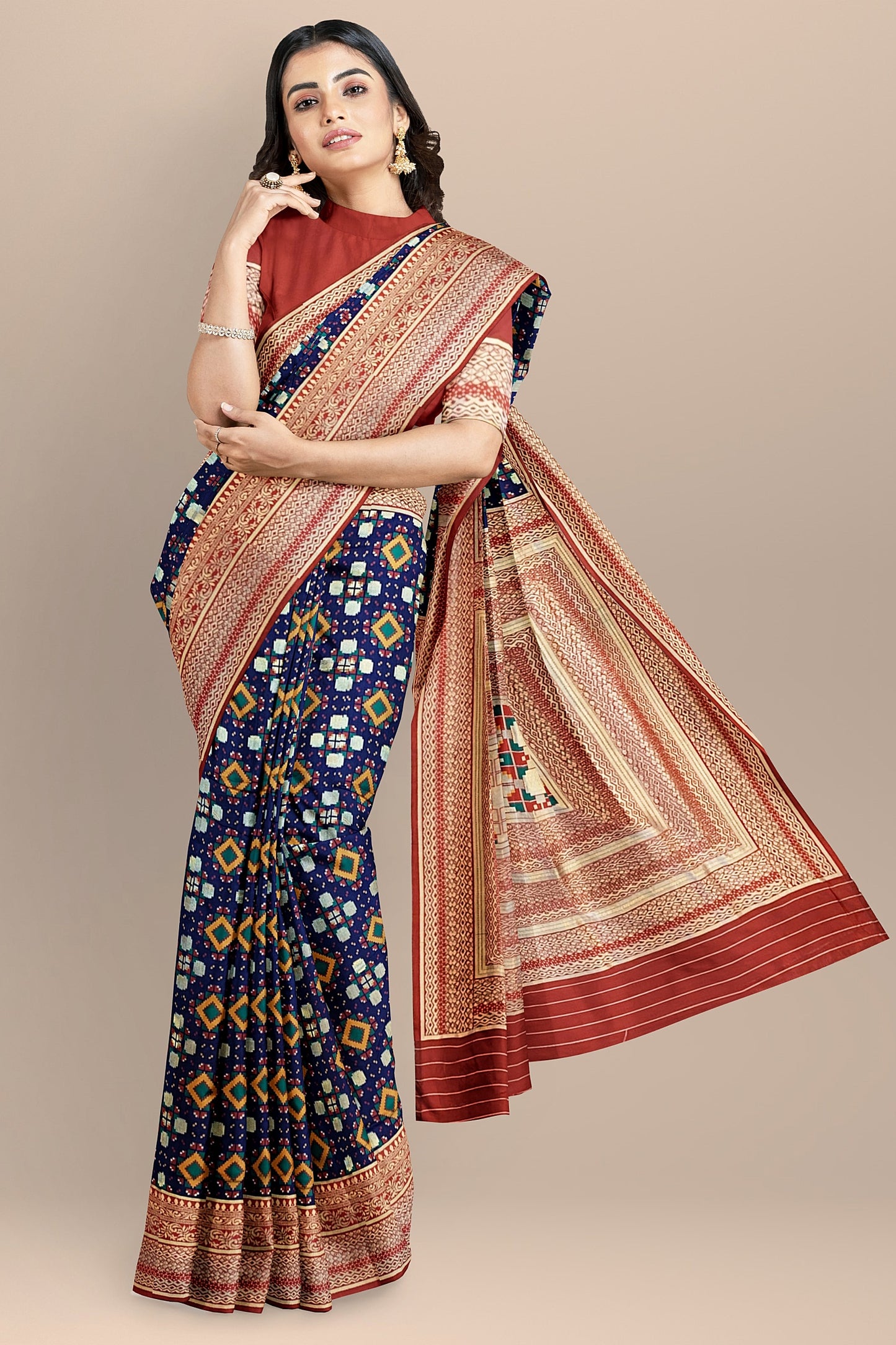 Stunning Navy Blue Patola Pattern Saree with Multi-Color Zaal Weaving, Red Contrast Pallu and Blouse
