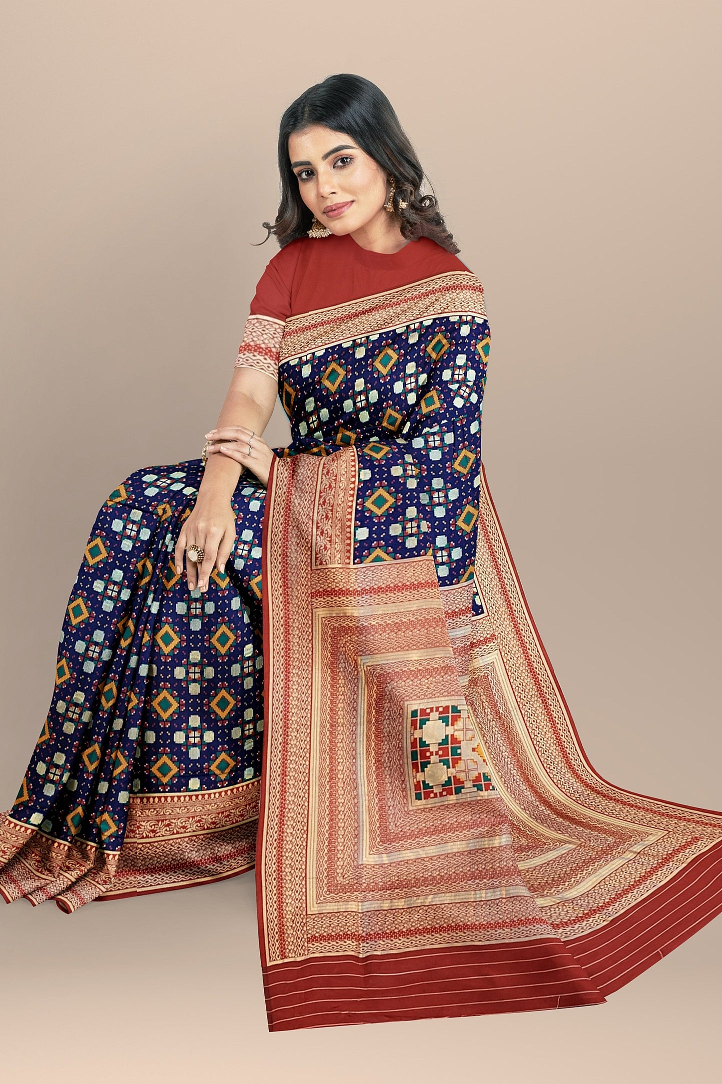 Stunning Navy Blue Patola Pattern Saree with Multi-Color Zaal Weaving, Red Contrast Pallu and Blouse