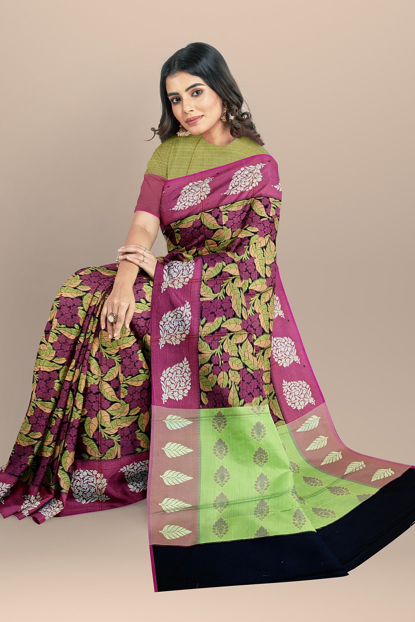 Graceful Black Organza Saree with Floral Meenakari Zaal and Contrast Green Pallu