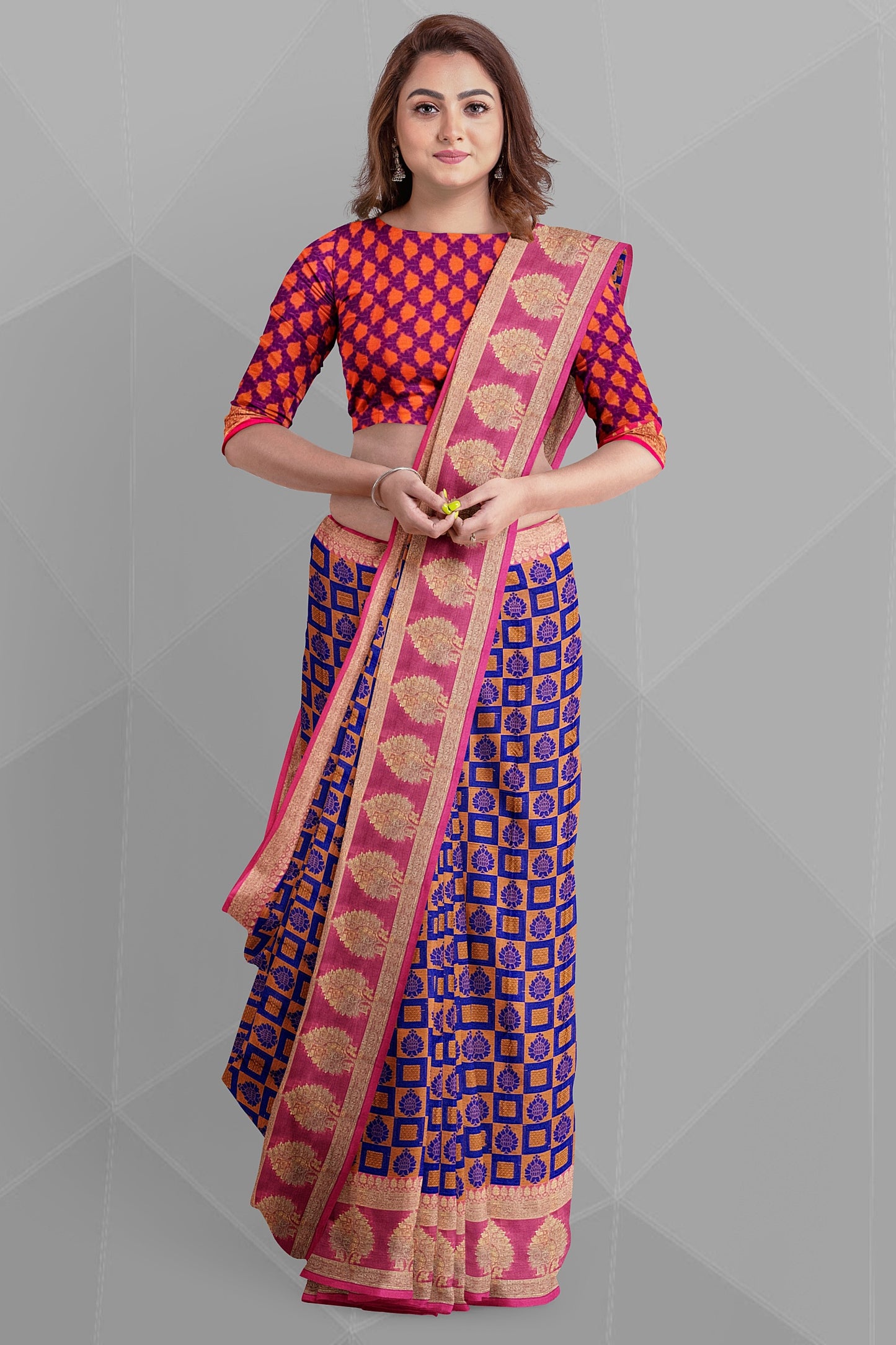 Royal Blue Organza Saree with Orange and Mustard Resham Jamewar Weaving