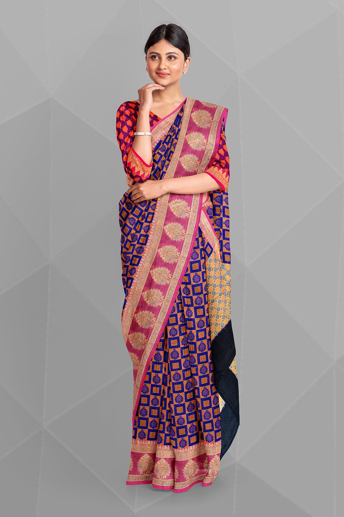 Royal Blue Organza Saree with Orange and Mustard Resham Jamewar Weaving