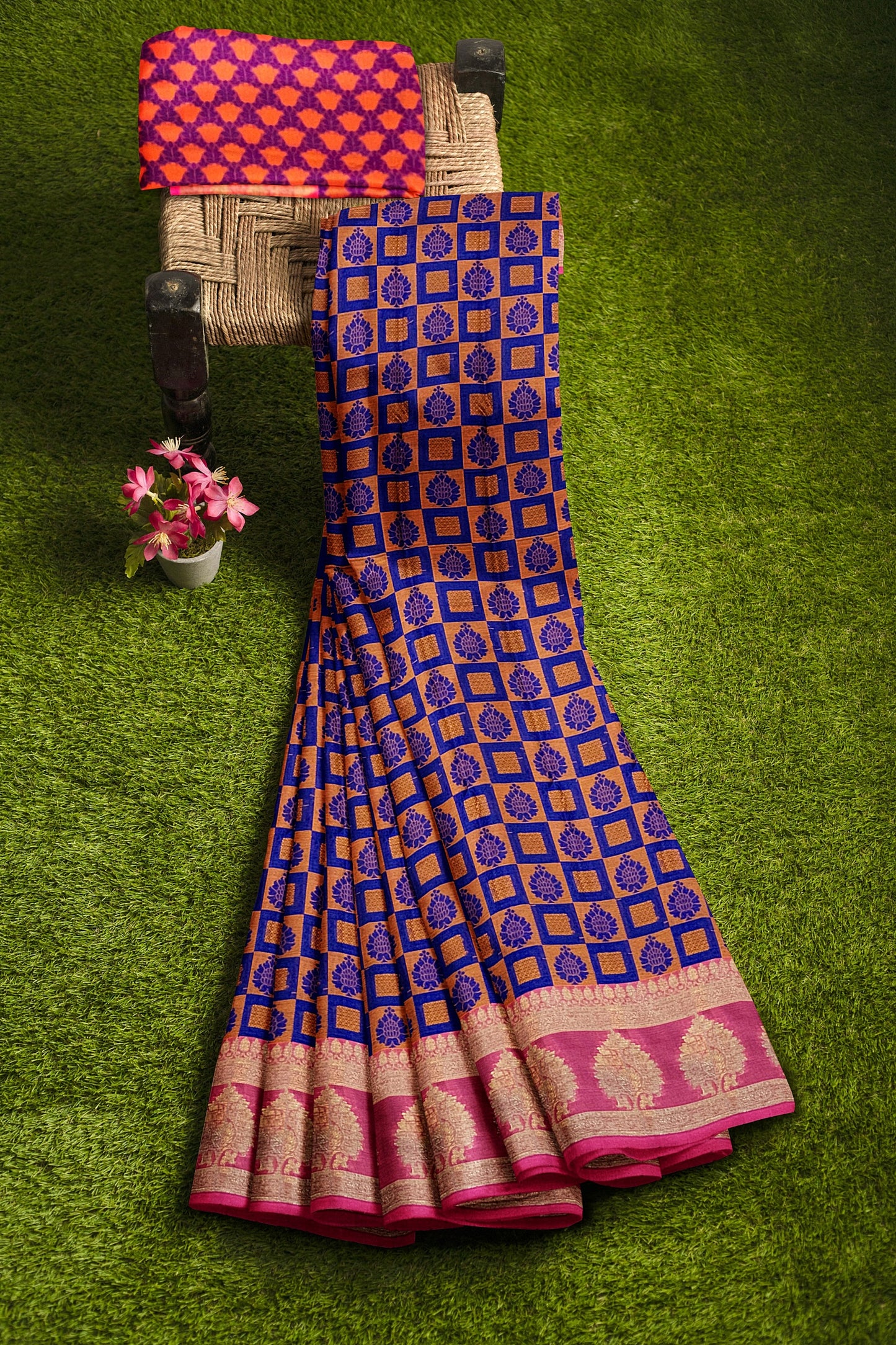 Royal Blue Organza Saree with Orange and Mustard Resham Jamewar Weaving