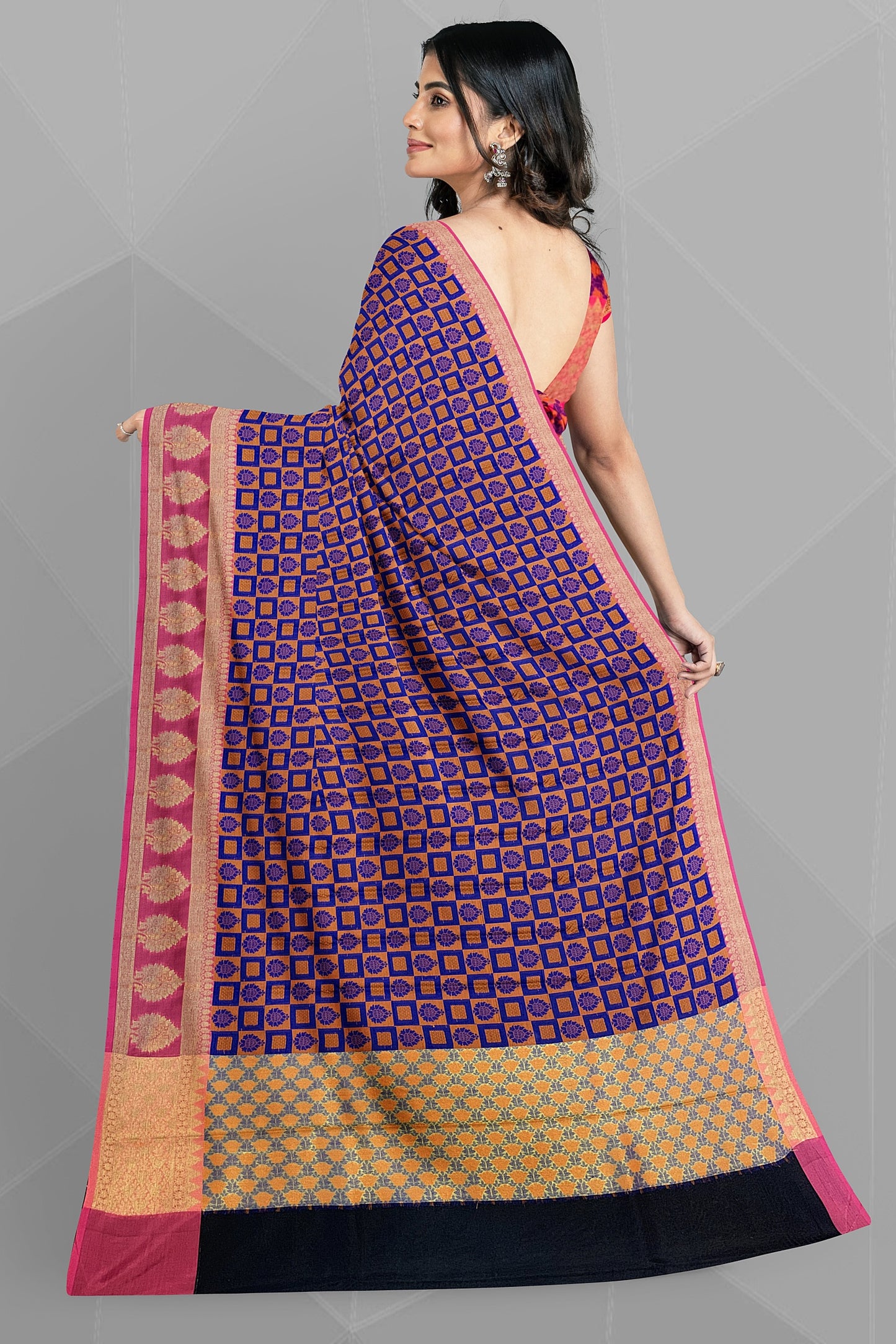 Royal Blue Organza Saree with Orange and Mustard Resham Jamewar Weaving