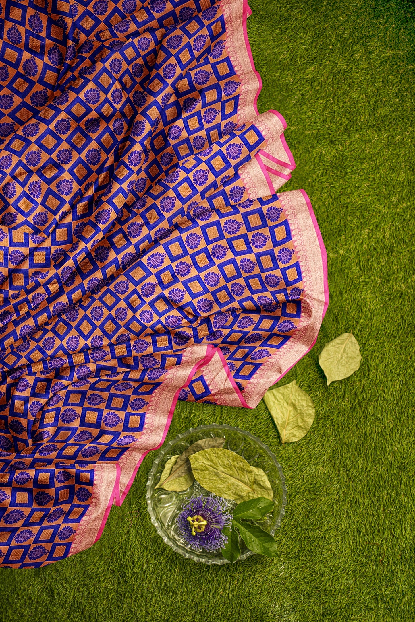 Royal Blue Organza Saree with Orange and Mustard Resham Jamewar Weaving