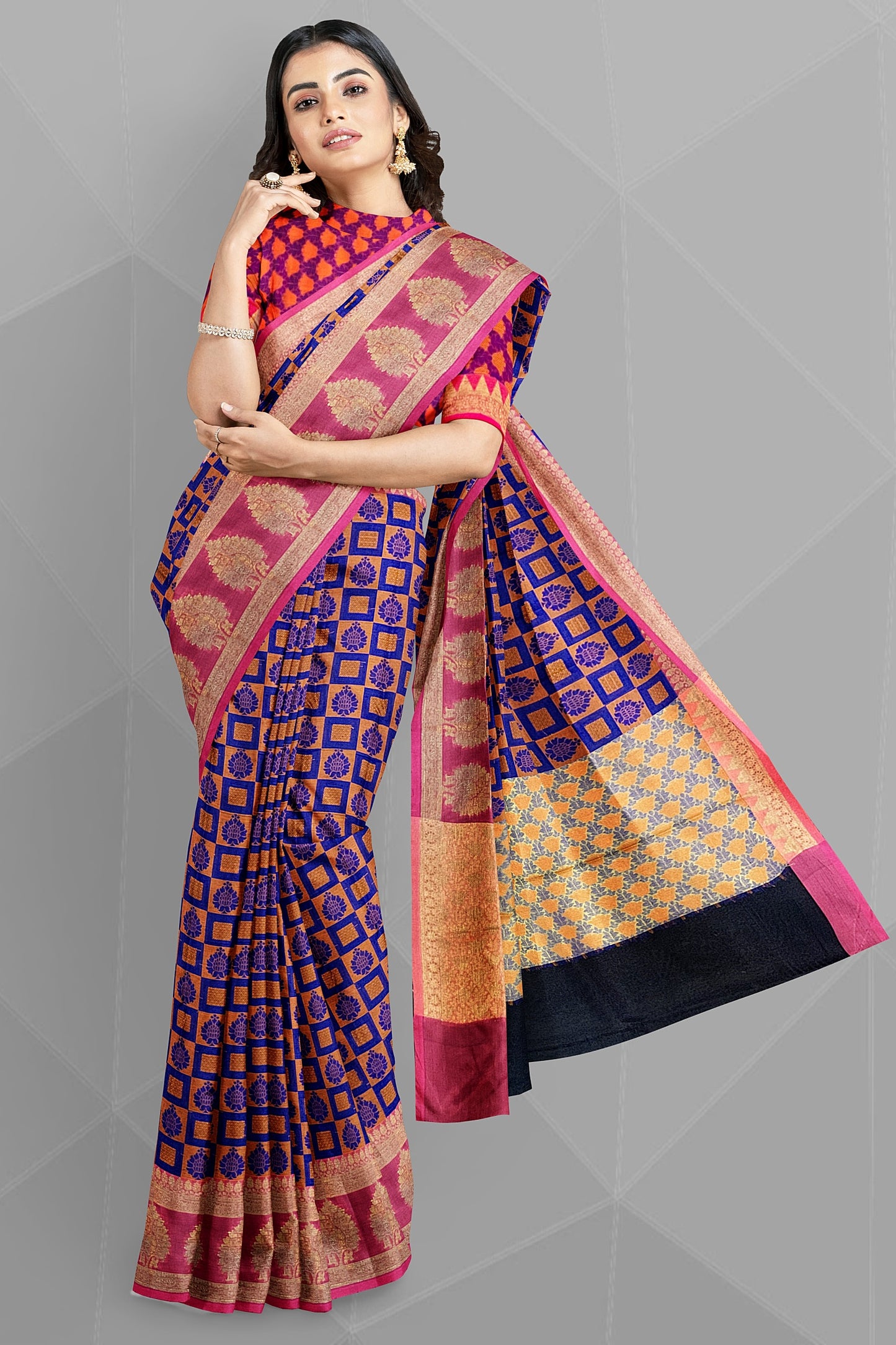 Royal Blue Organza Saree with Orange and Mustard Resham Jamewar Weaving