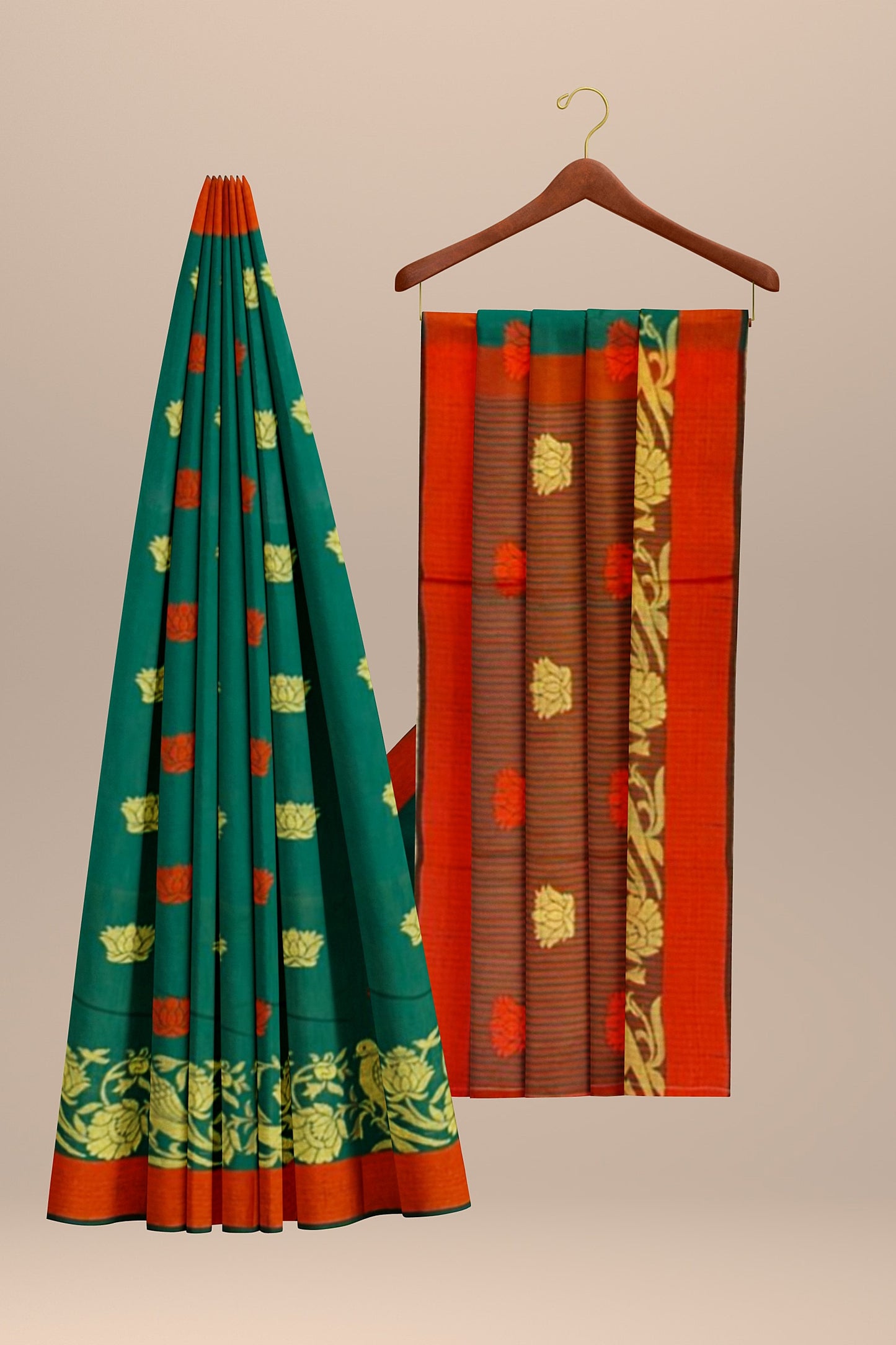 Elegant Green Bamboo Silk Saree with Red Accents and Golden Boota Weaving