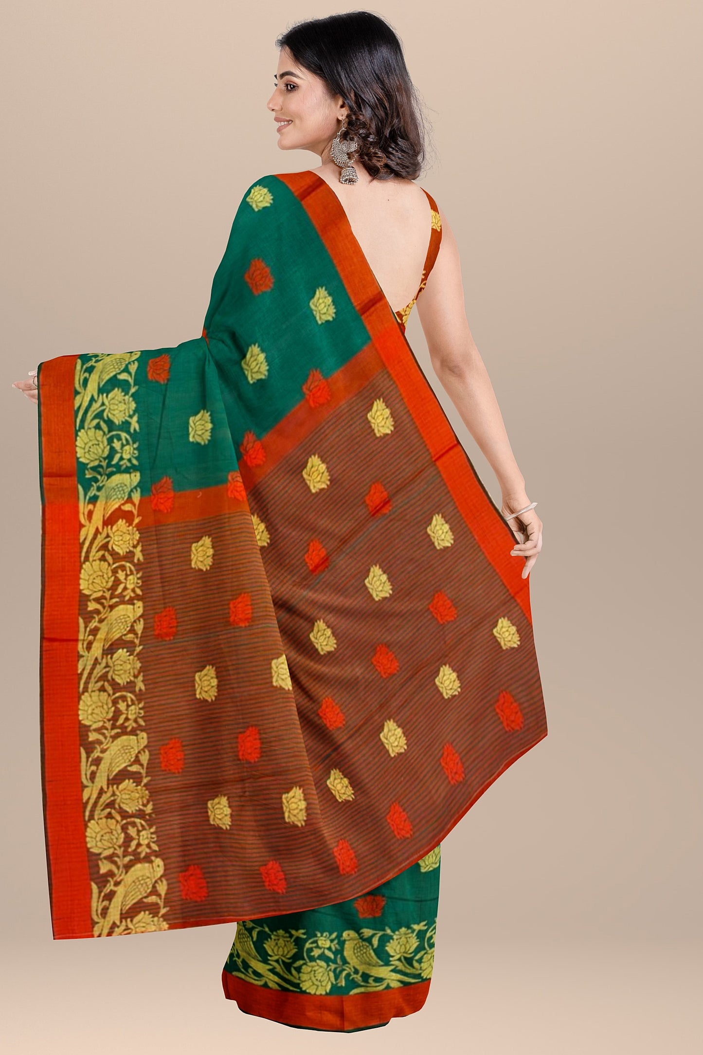 Elegant Green Bamboo Silk Saree with Red Accents and Golden Boota Weaving