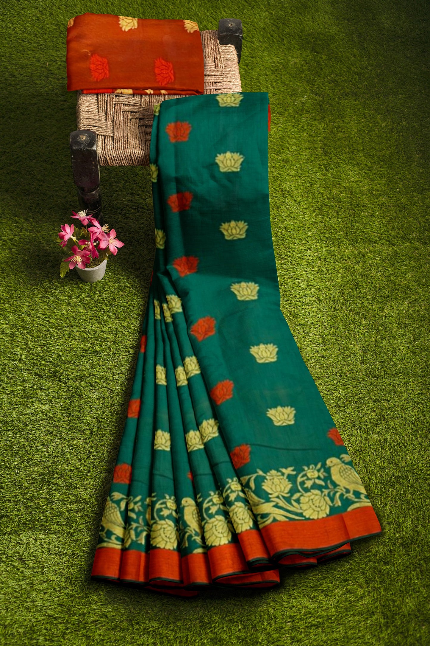 Elegant Green Bamboo Silk Saree with Red Accents and Golden Boota Weaving