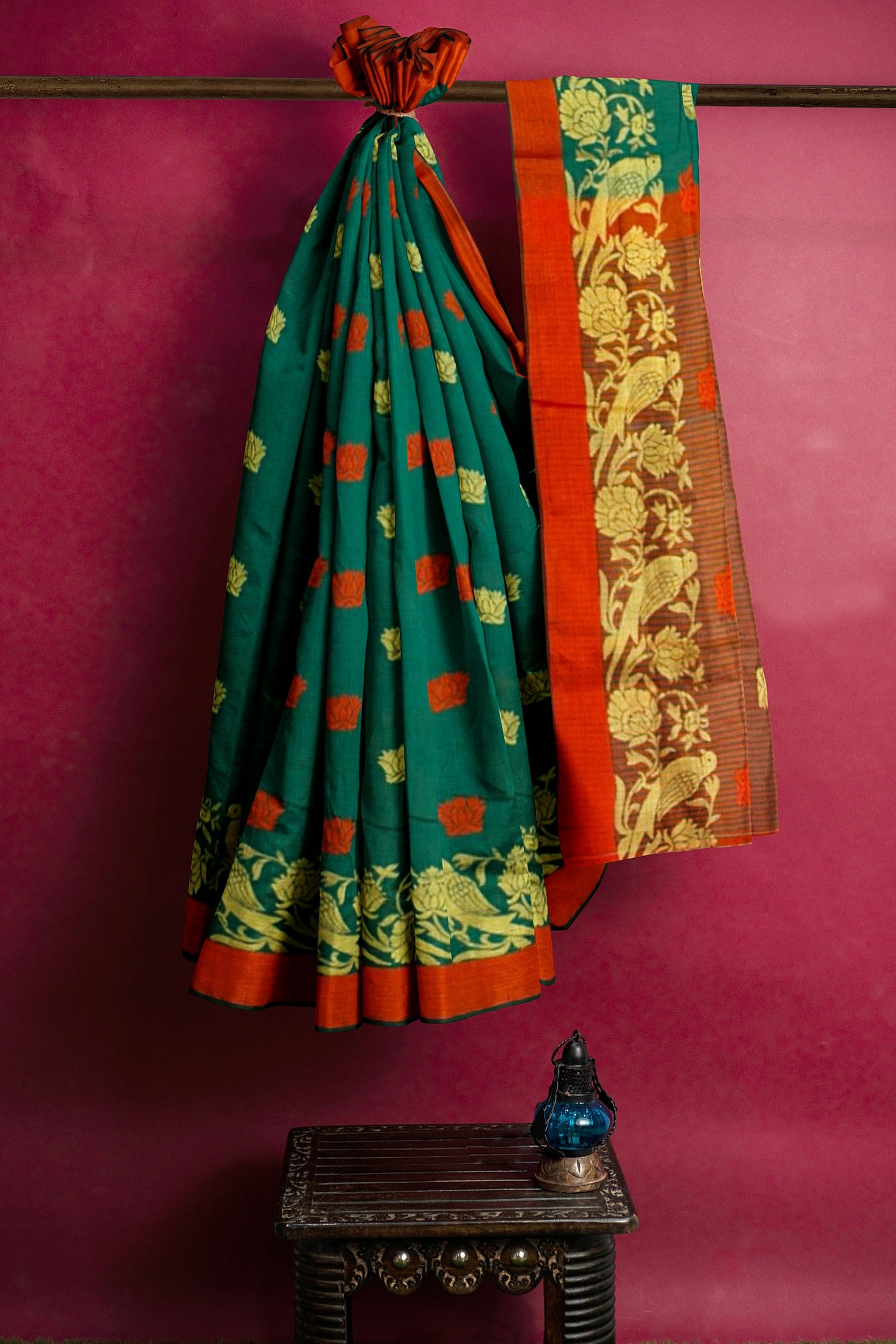 Elegant Green Bamboo Silk Saree with Red Accents and Golden Boota Weaving