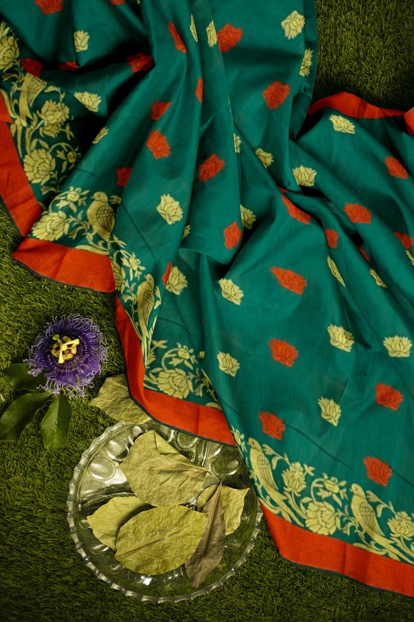 Elegant Green Bamboo Silk Saree with Red Accents and Golden Boota Weaving
