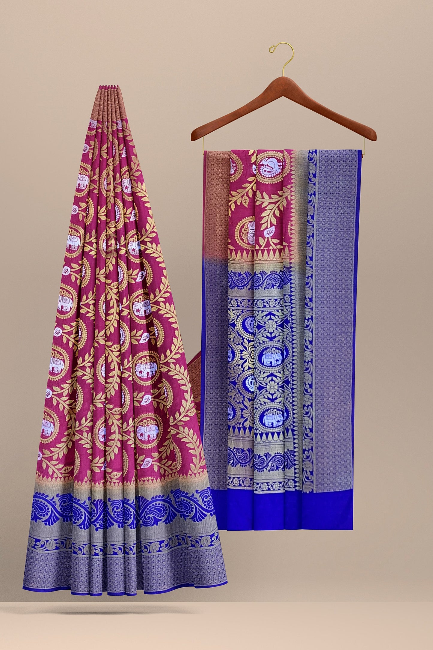 Exquisite Pink and Royal Blue Paithani-Style Saree with Sona Roopa Zari Elephant Design