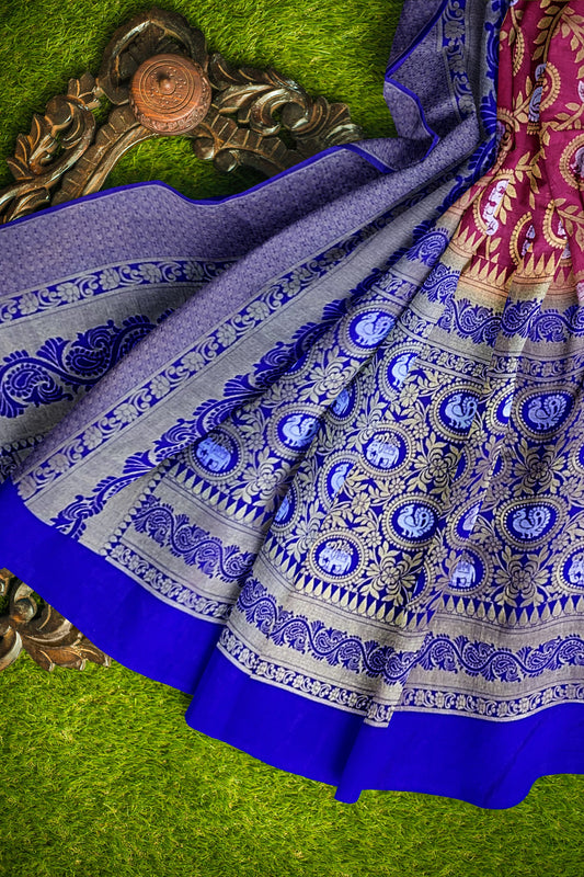 Exquisite Pink and Royal Blue Paithani-Style Saree with Sona Roopa Zari Elephant Design
