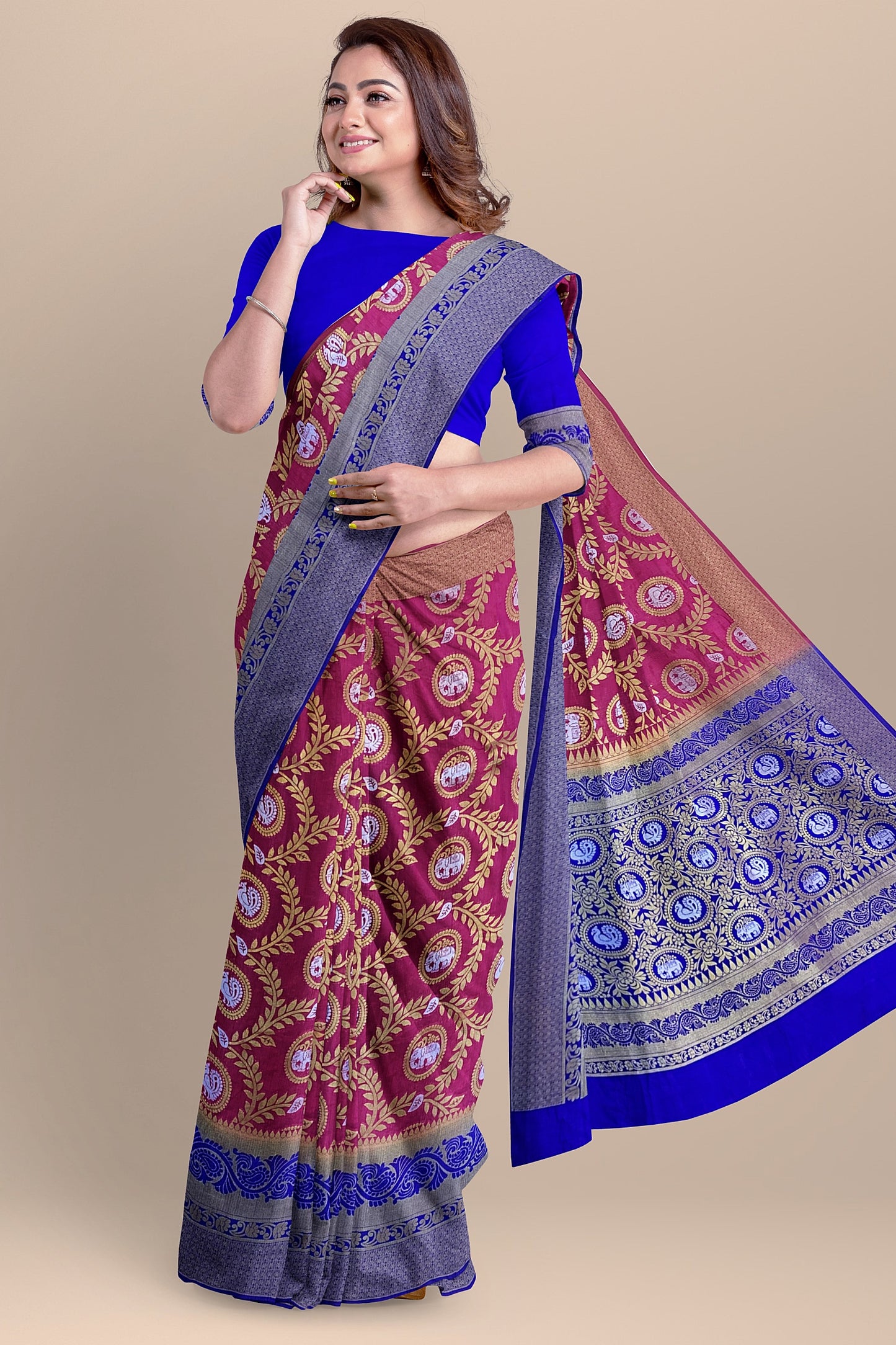 Exquisite Pink and Royal Blue Paithani-Style Saree with Sona Roopa Zari Elephant Design