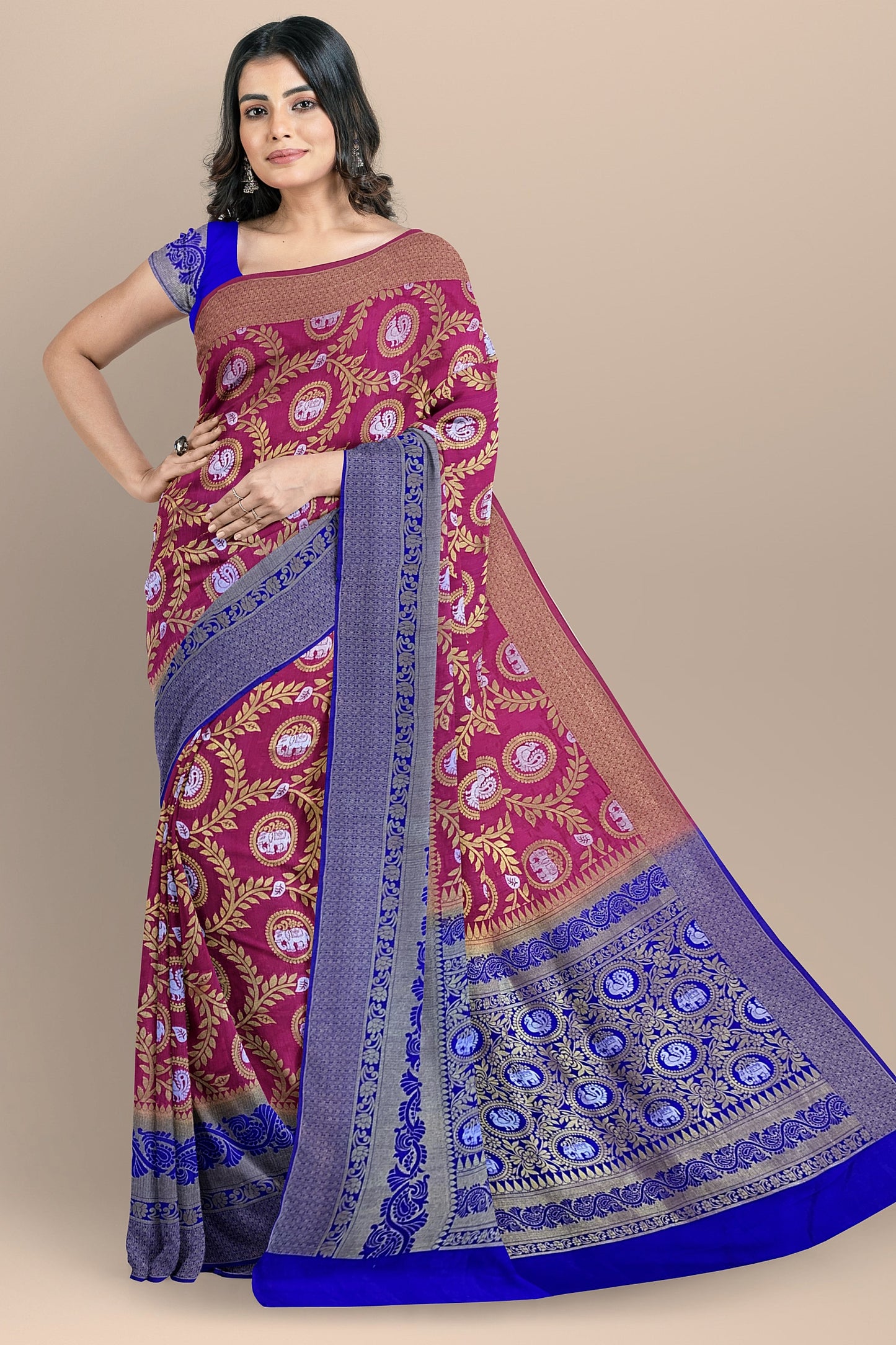Exquisite Pink and Royal Blue Paithani-Style Saree with Sona Roopa Zari Elephant Design