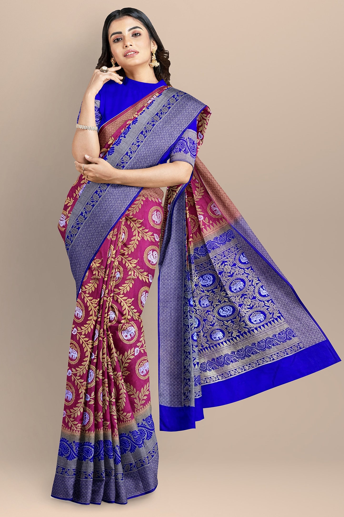 Exquisite Pink and Royal Blue Paithani-Style Saree with Sona Roopa Zari Elephant Design