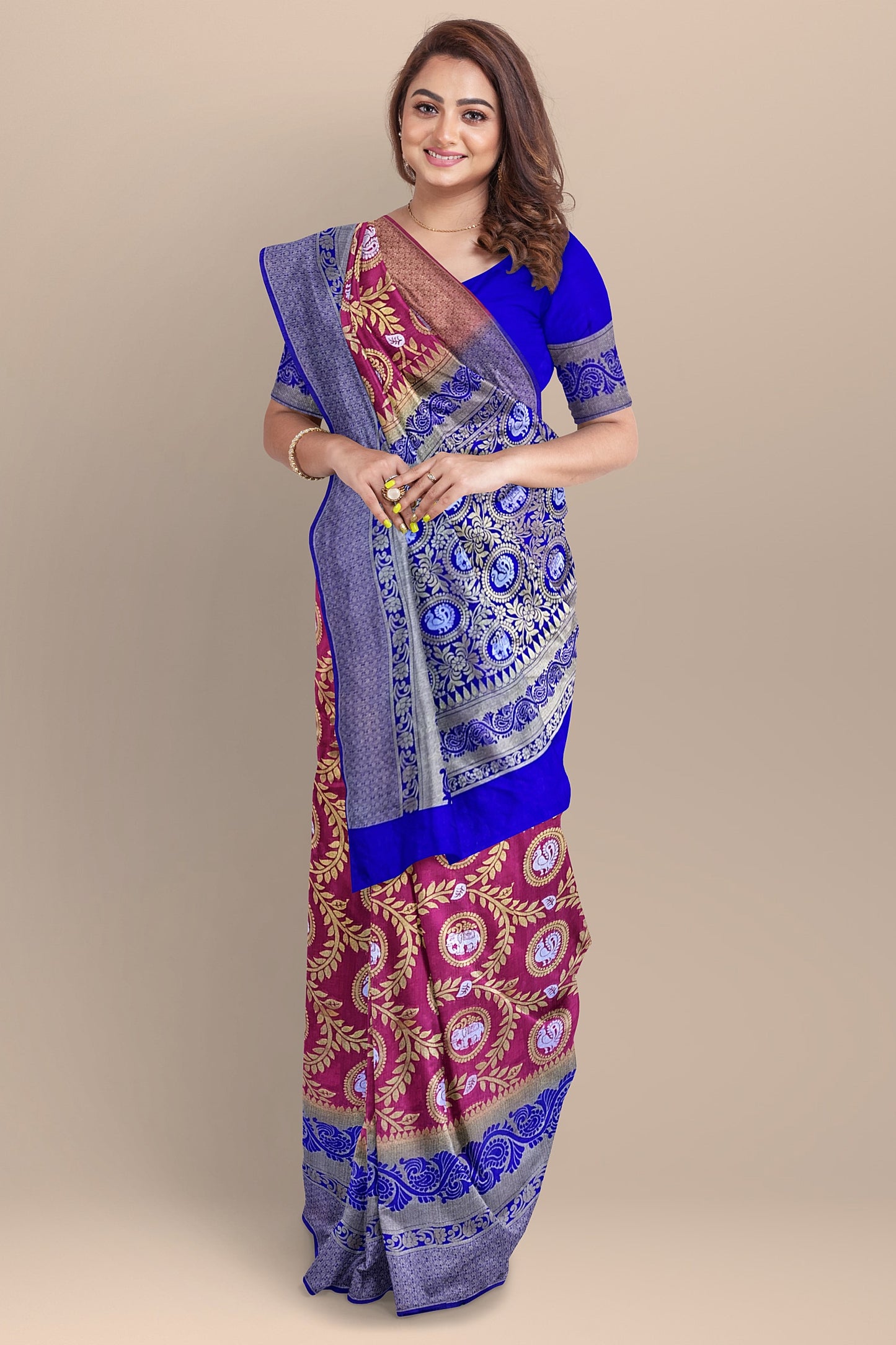 Exquisite Pink and Royal Blue Paithani-Style Saree with Sona Roopa Zari Elephant Design