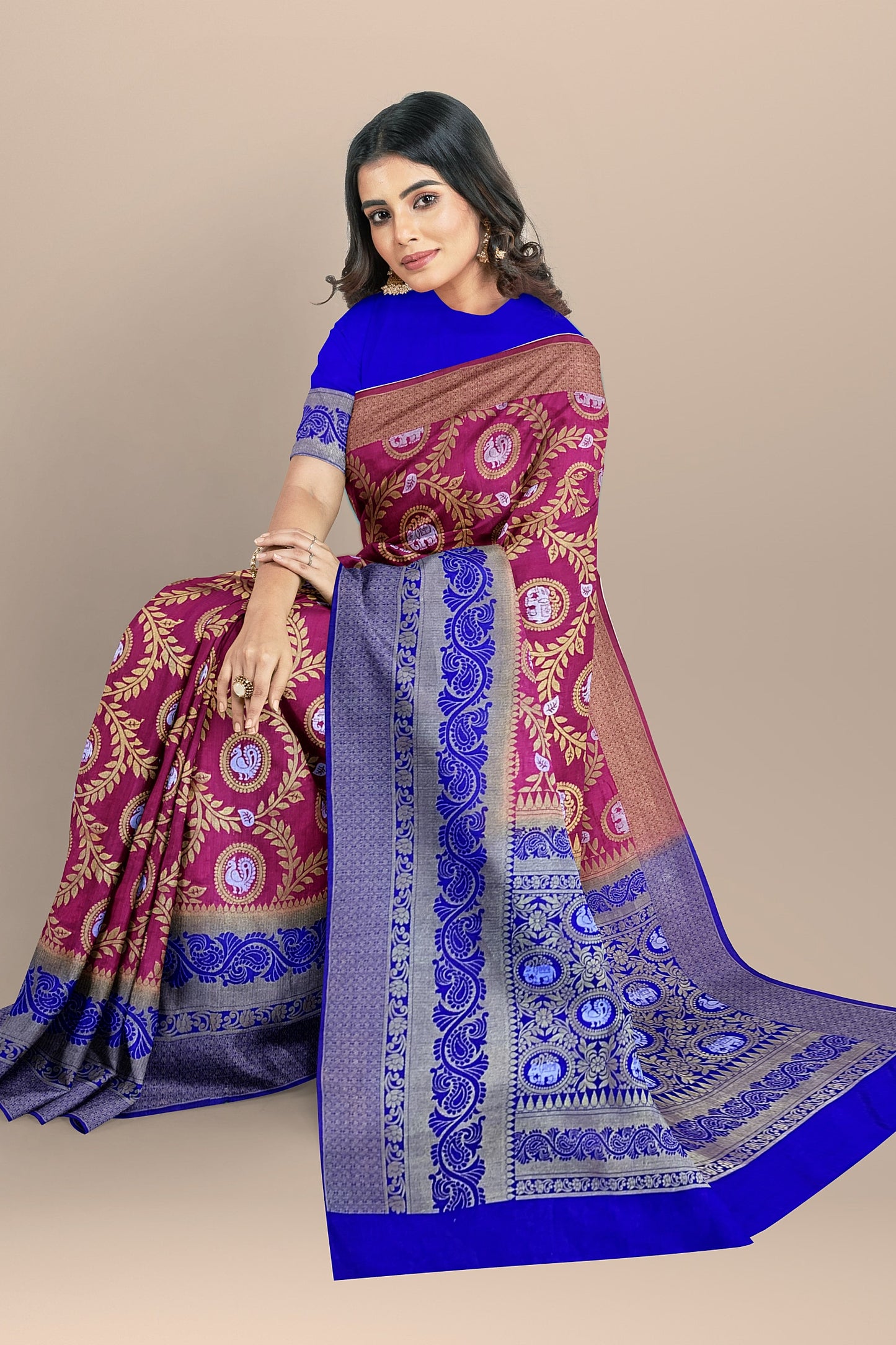 Exquisite Pink and Royal Blue Paithani-Style Saree with Sona Roopa Zari Elephant Design