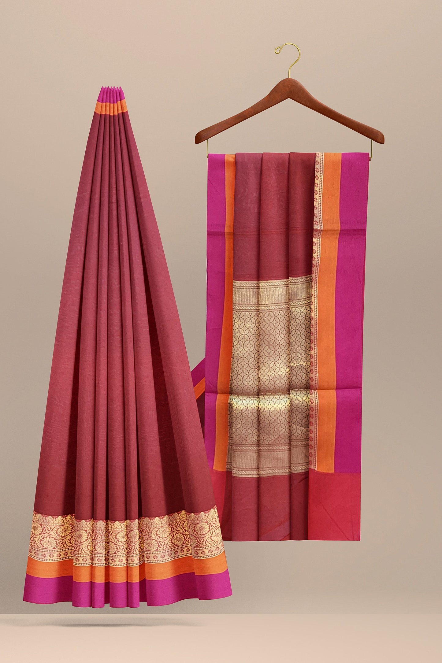Sophisticated Maroon Cotton Silk Saree with Golden Weave Pallu and Multicolored Border