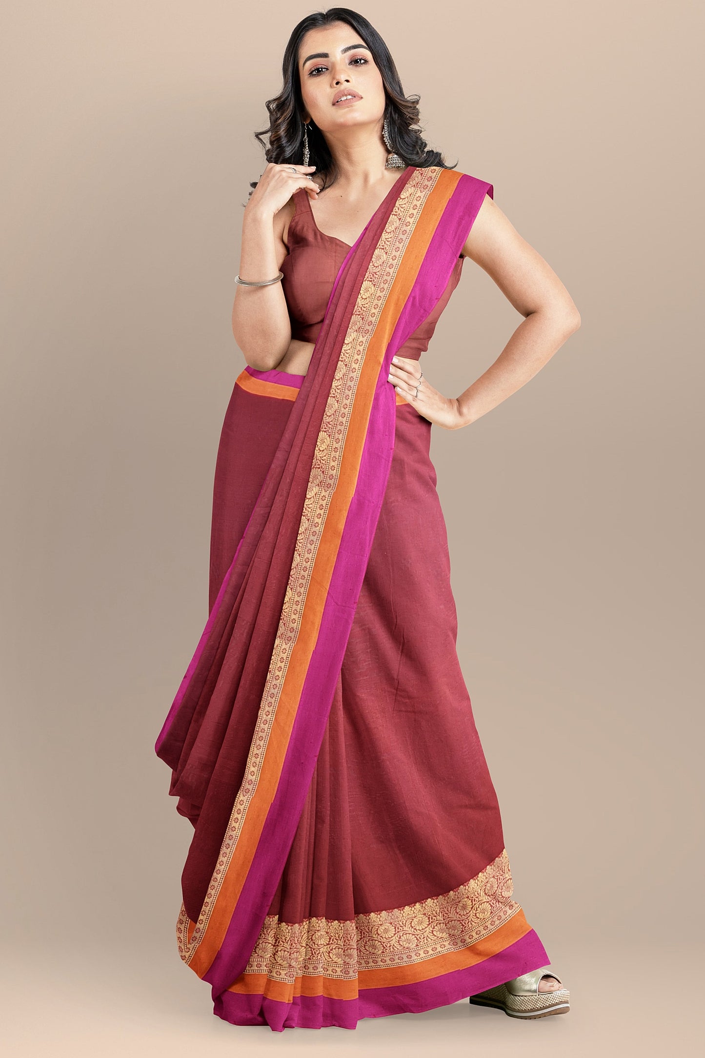 Sophisticated Maroon Cotton Silk Saree with Golden Weave Pallu and Multicolored Border