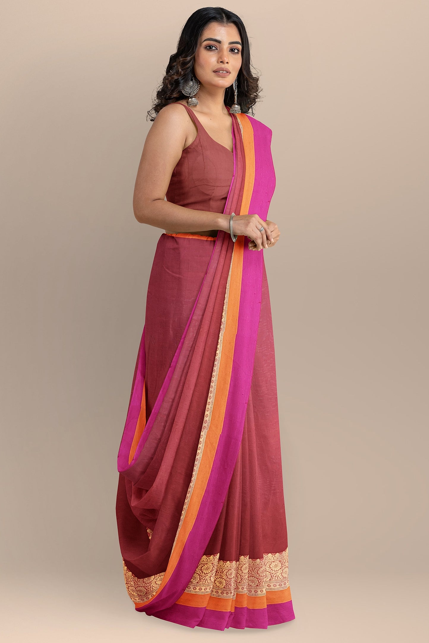 Sophisticated Maroon Cotton Silk Saree with Golden Weave Pallu and Multicolored Border