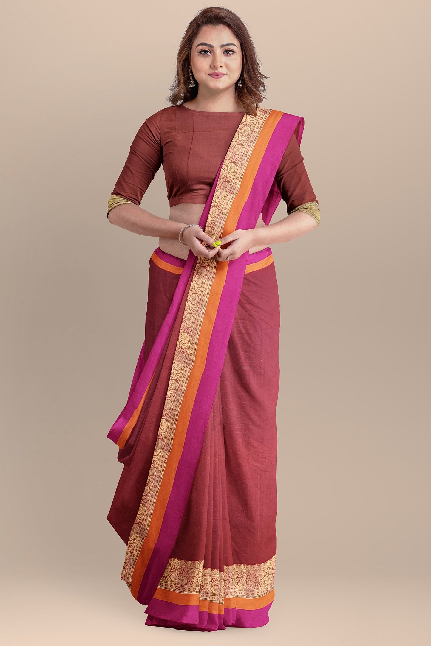 Sophisticated Maroon Cotton Silk Saree with Golden Weave Pallu and Multicolored Border