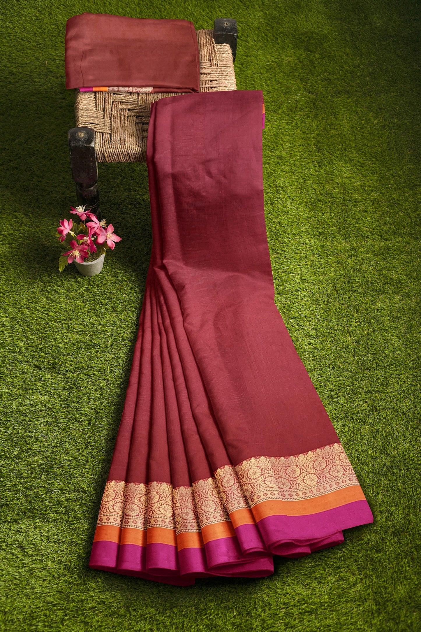 Sophisticated Maroon Cotton Silk Saree with Golden Weave Pallu and Multicolored Border
