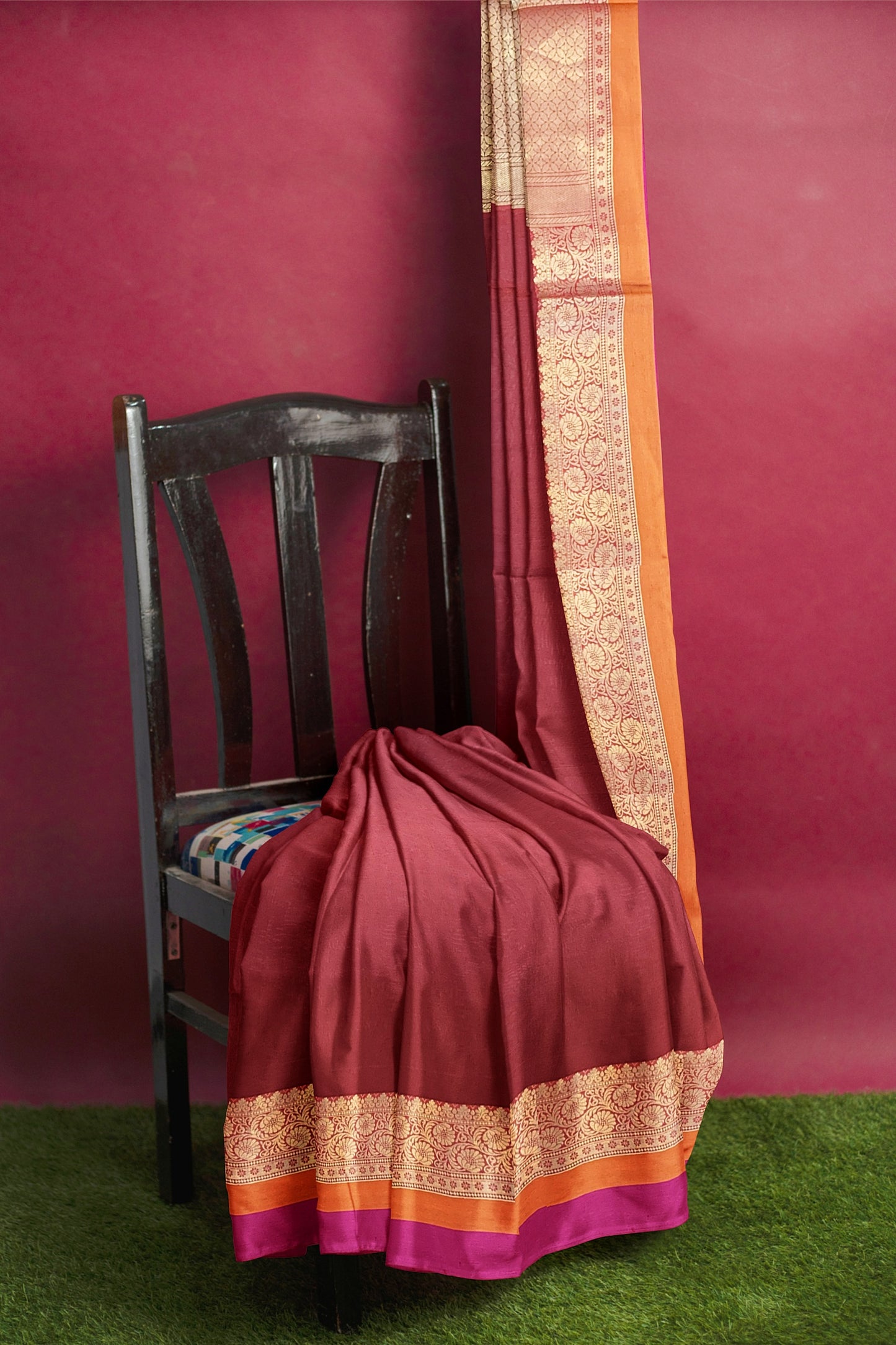 Sophisticated Maroon Cotton Silk Saree with Golden Weave Pallu and Multicolored Border