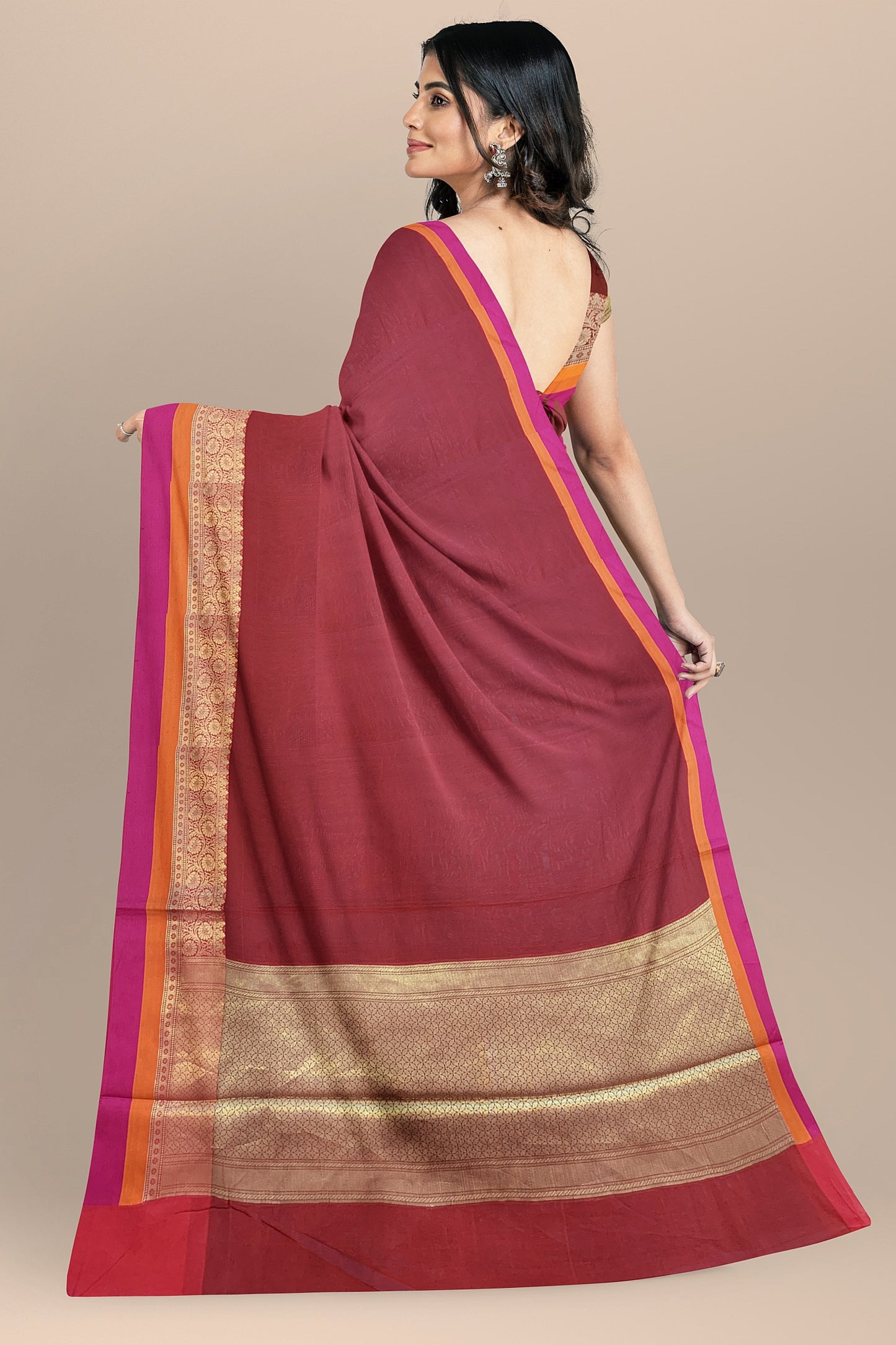 Sophisticated Maroon Cotton Silk Saree with Golden Weave Pallu and Multicolored Border