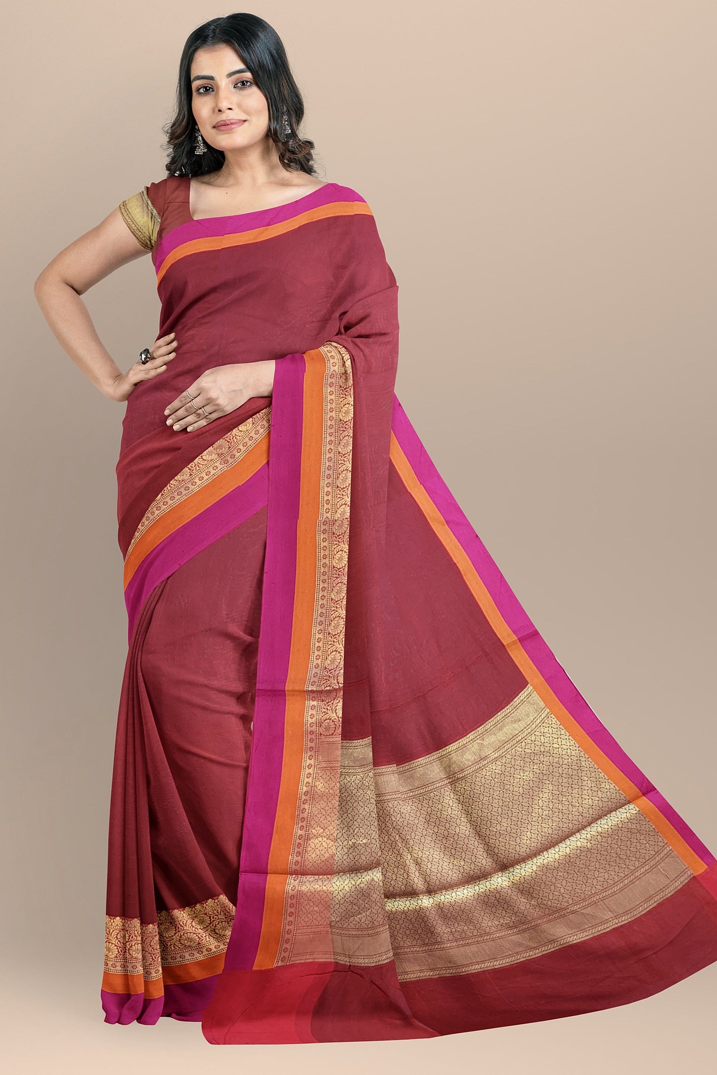 Sophisticated Maroon Cotton Silk Saree with Golden Weave Pallu and Multicolored Border