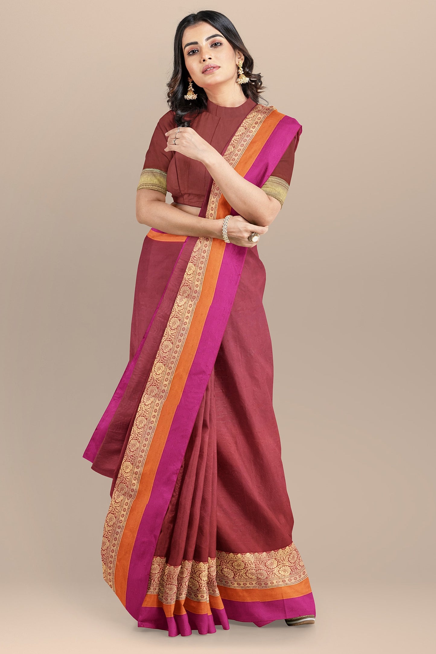 Sophisticated Maroon Cotton Silk Saree with Golden Weave Pallu and Multicolored Border