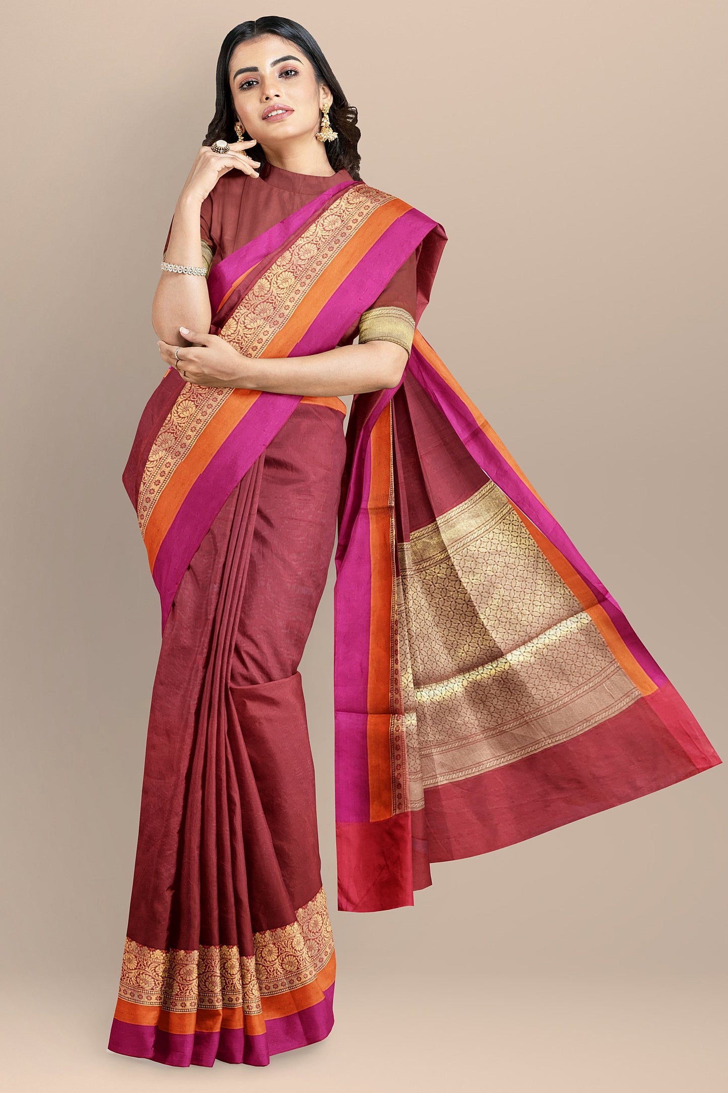 Sophisticated Maroon Cotton Silk Saree with Golden Weave Pallu and Multicolored Border