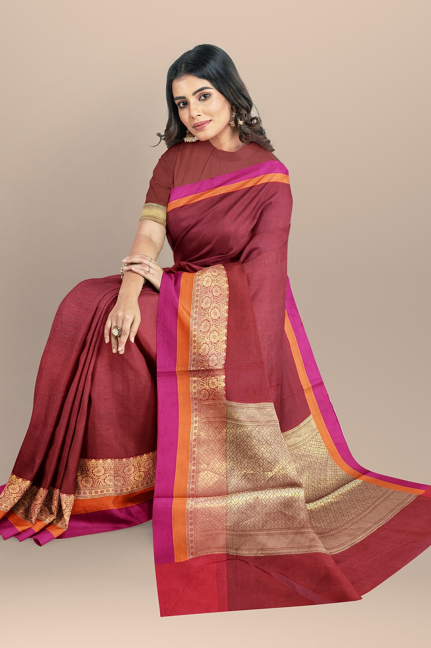 Sophisticated Maroon Cotton Silk Saree with Golden Weave Pallu and Multicolored Border