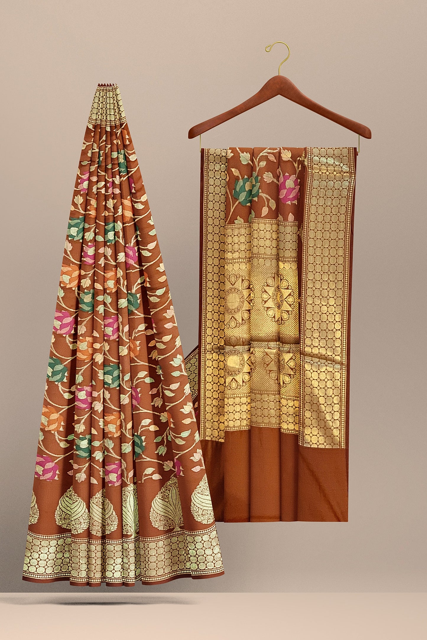 πΈ Pure Dupion Katan Silk Handwoven Banarasi Saree β Tilfi Meenakari Floral Weave | Caramel Colour πΈ