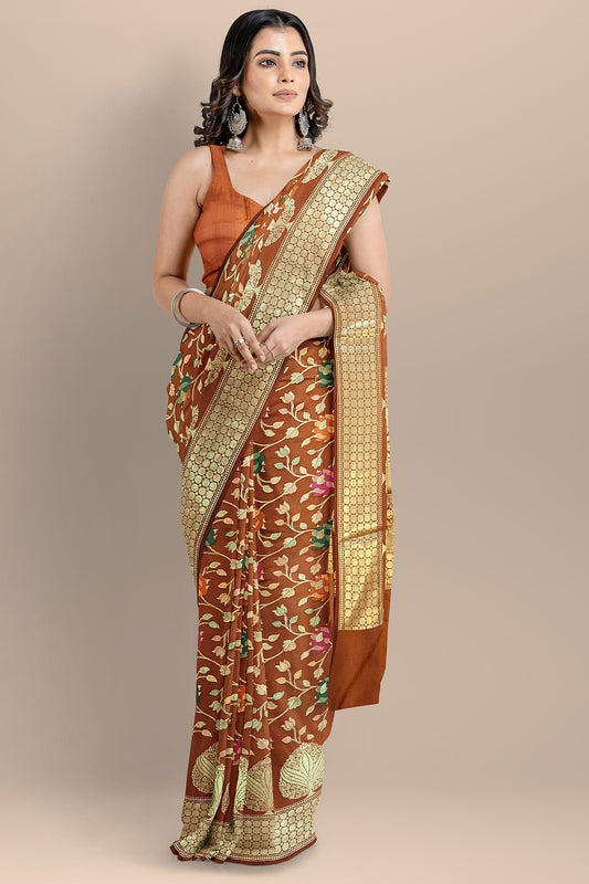 Luxurious Golden Brown Pure Dupion Katan Silk Saree with All-Over Floral Meenakari Zaal