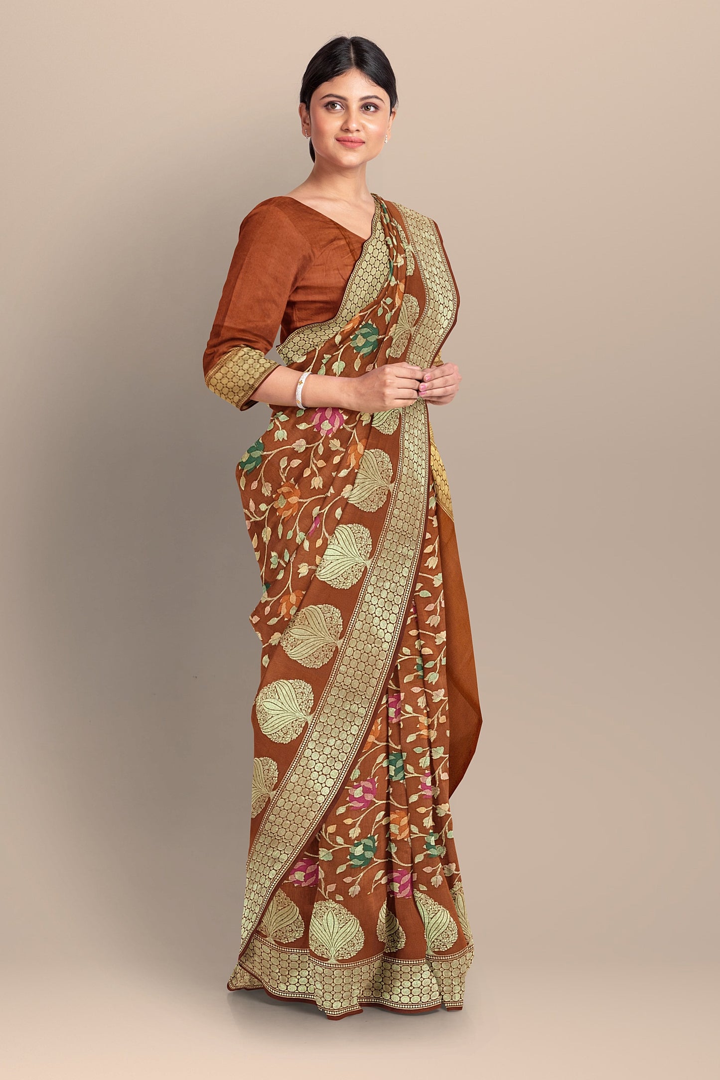 πΈ Pure Dupion Katan Silk Handwoven Banarasi Saree β Tilfi Meenakari Floral Weave | Caramel Colour πΈ