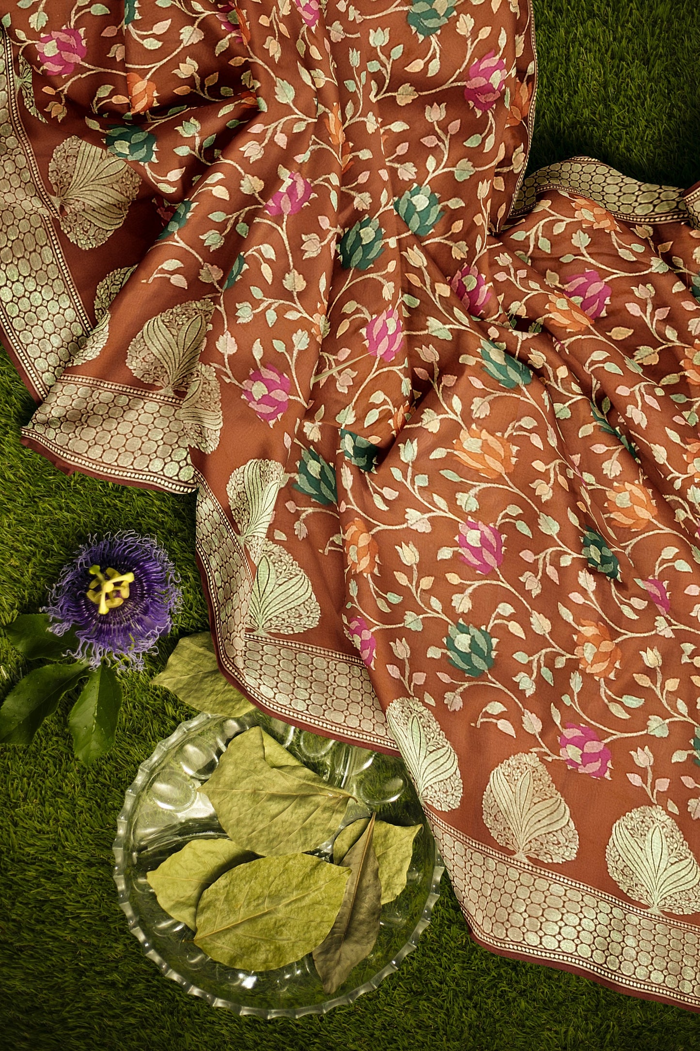 πΈ Pure Dupion Katan Silk Handwoven Banarasi Saree β Tilfi Meenakari Floral Weave | Caramel Colour πΈ