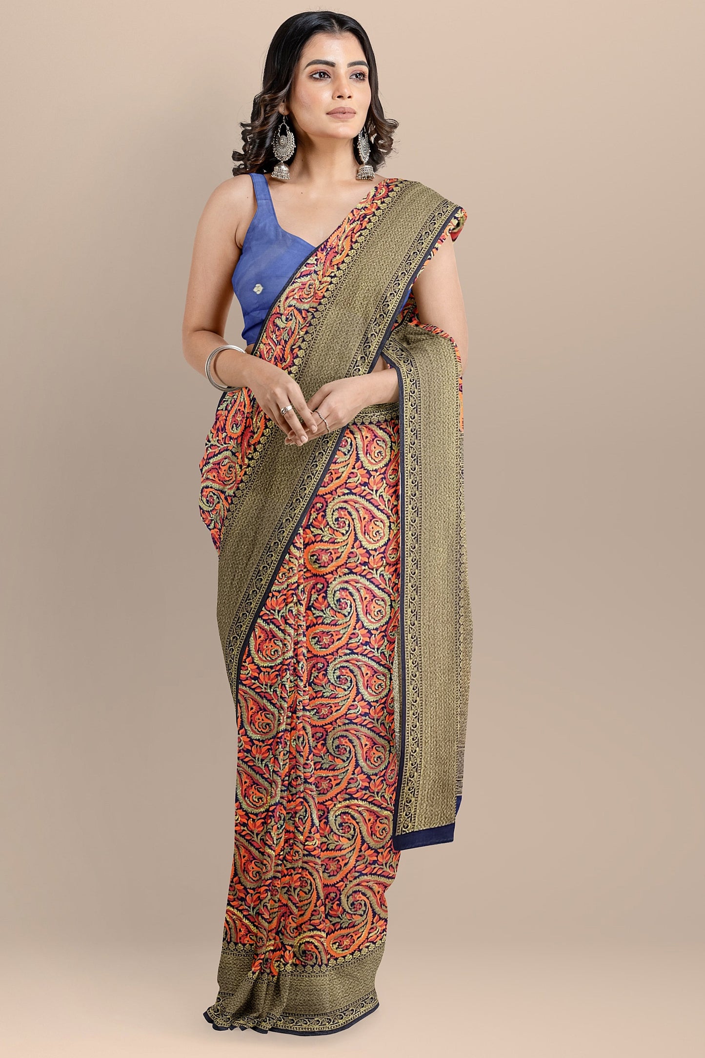 VLS 402 Pashmina Style Jamewar Saree – Coffee Maroon with Navy Blue Blouse