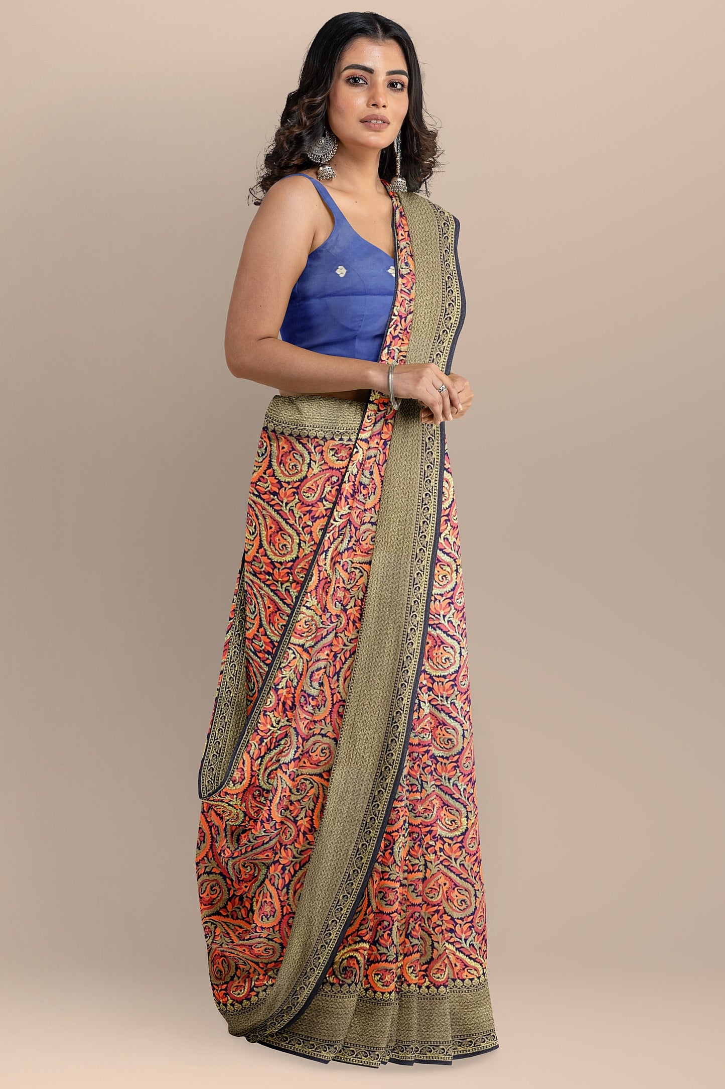 VLS 402 Pashmina Style Jamewar Saree – Coffee Maroon with Navy Blue Blouse