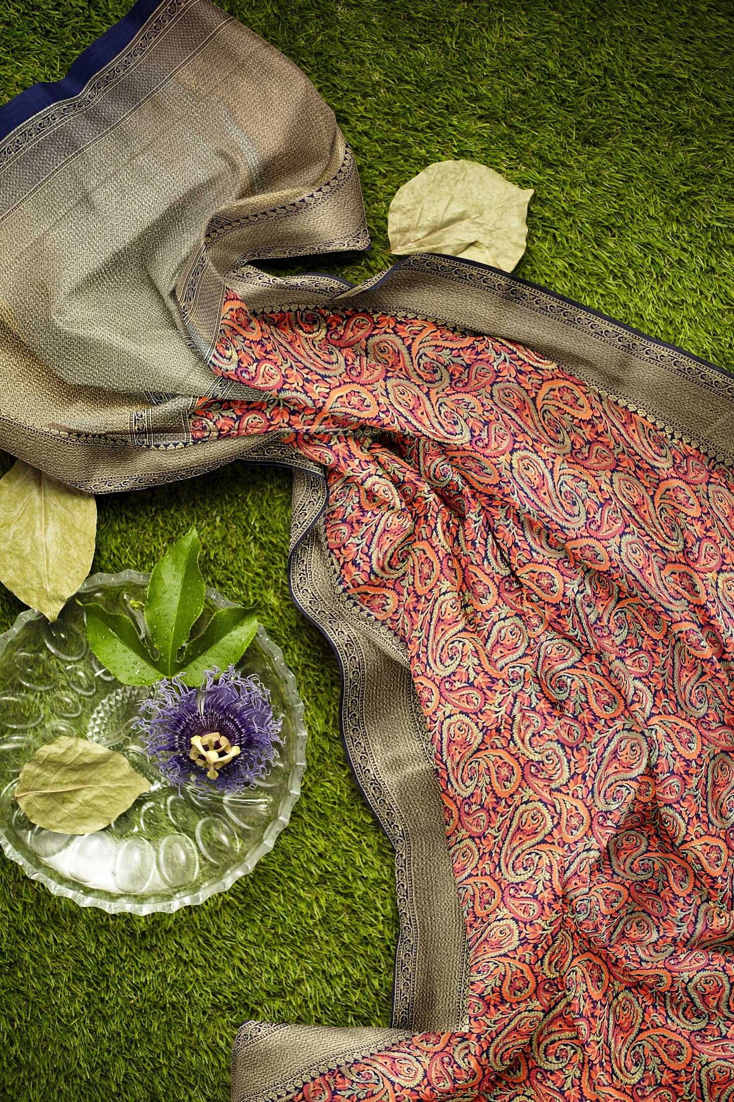 VLS 402 Pashmina Style Jamewar Saree – Coffee Maroon with Navy Blue Blouse