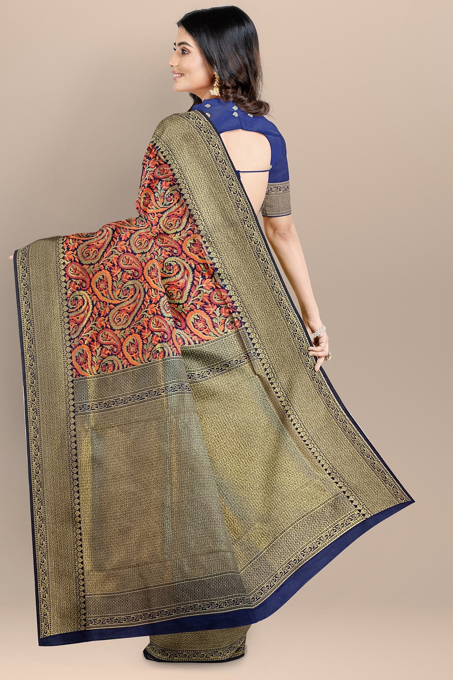 VLS 402 Pashmina Style Jamewar Saree – Coffee Maroon with Navy Blue Blouse