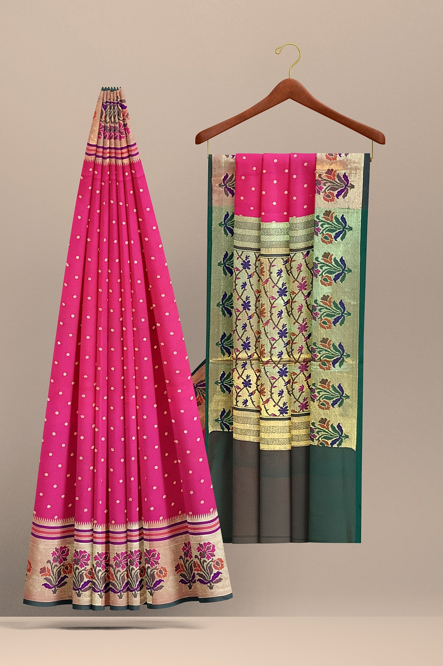 Stunning Pink Banarasi Meenakari Paithani Saree with Green Brocade Pallu and Border