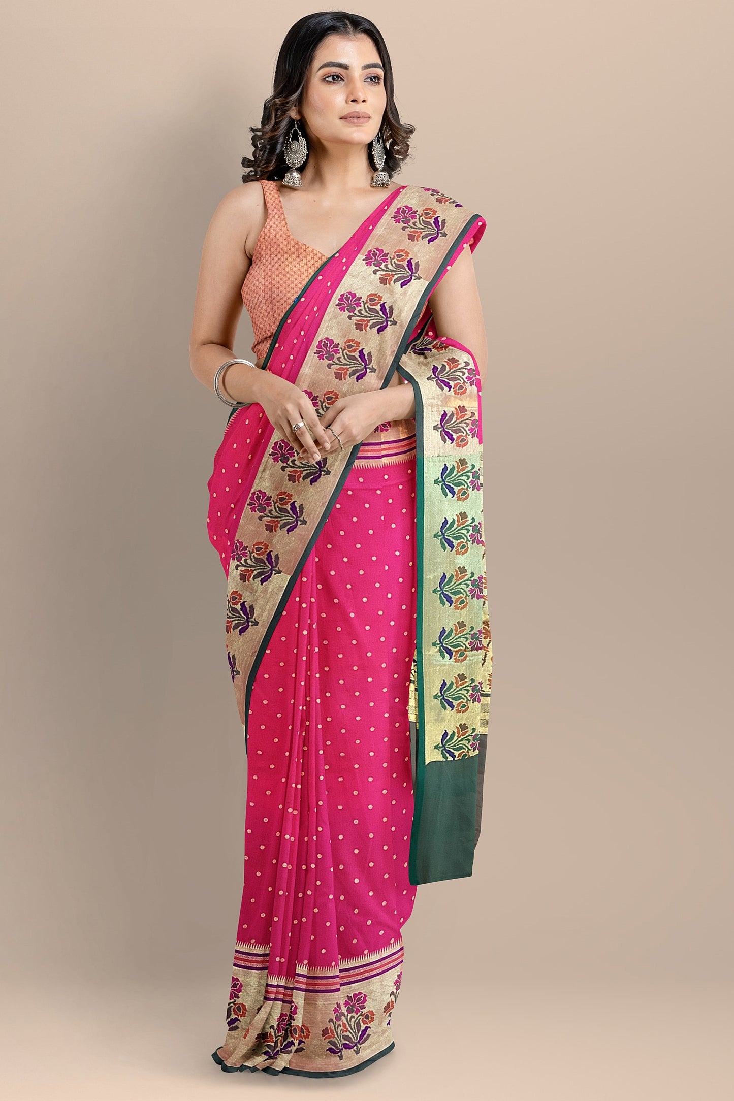 Stunning Pink Banarasi Meenakari Paithani Saree with Green Brocade Pallu and Border