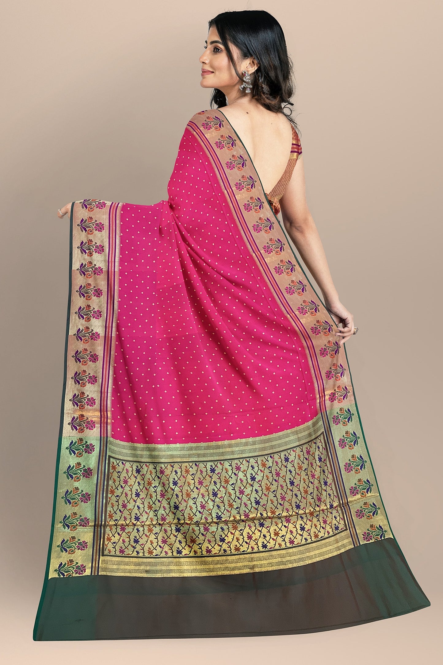 Stunning Pink Banarasi Meenakari Paithani Saree with Green Brocade Pallu and Border
