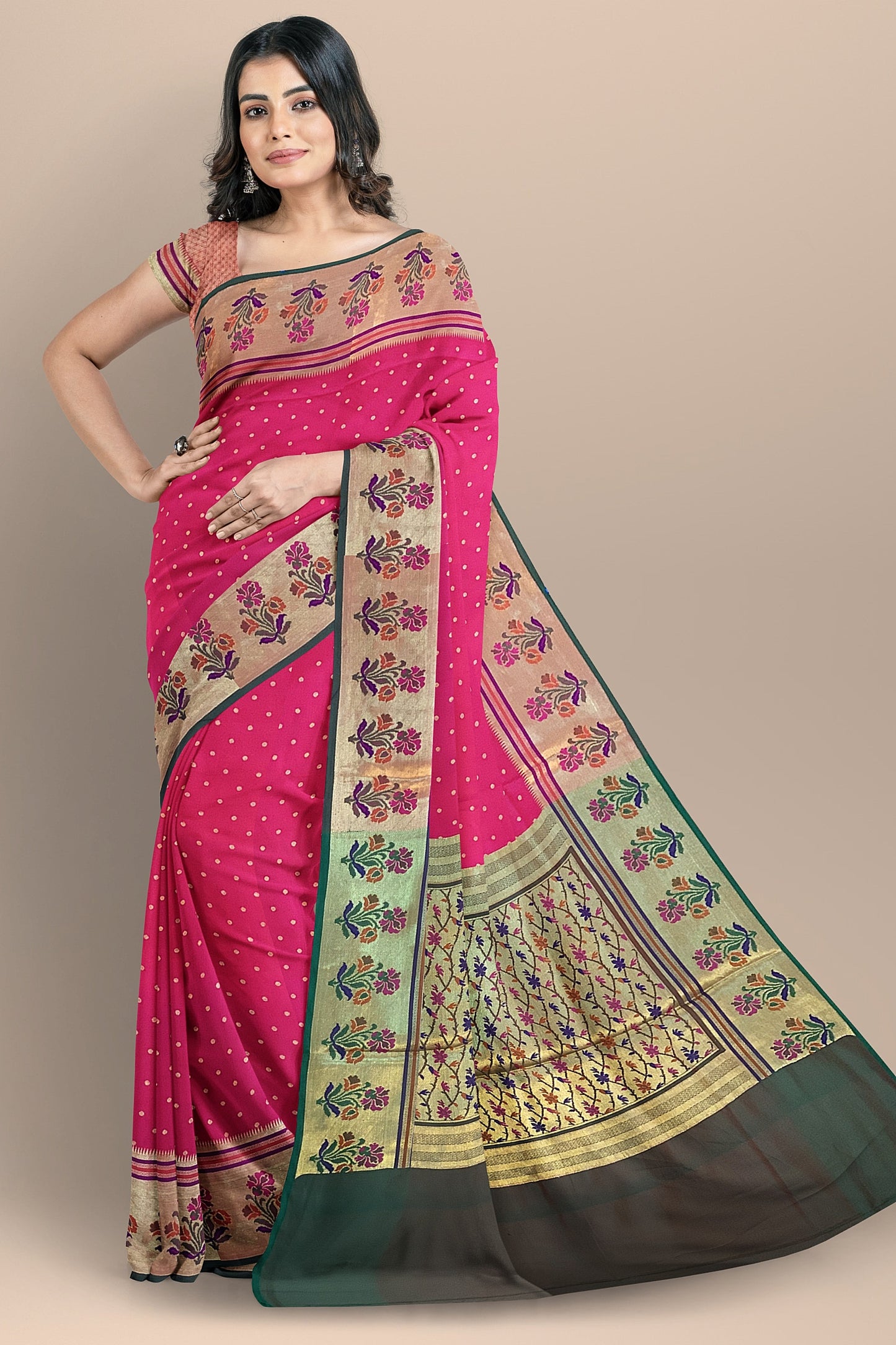 Stunning Pink Banarasi Meenakari Paithani Saree with Green Brocade Pallu and Border