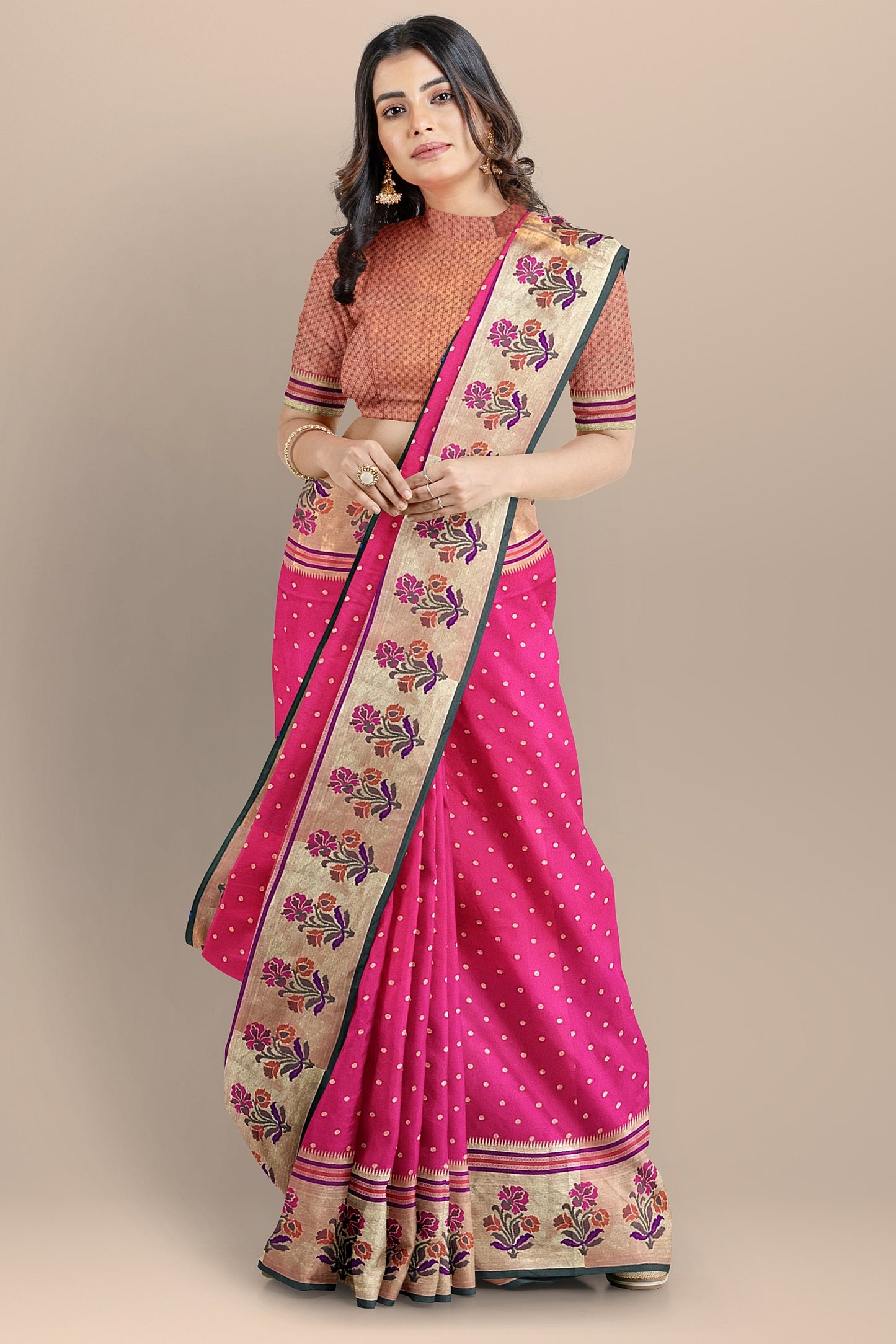 Stunning Pink Banarasi Meenakari Paithani Saree with Green Brocade Pallu and Border