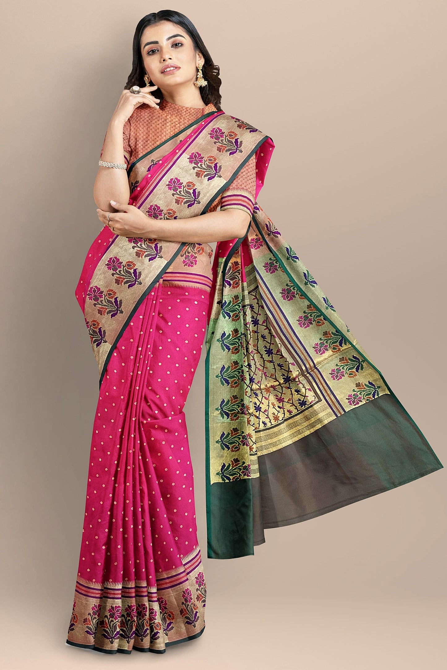 Stunning Pink Banarasi Meenakari Paithani Saree with Green Brocade Pallu and Border