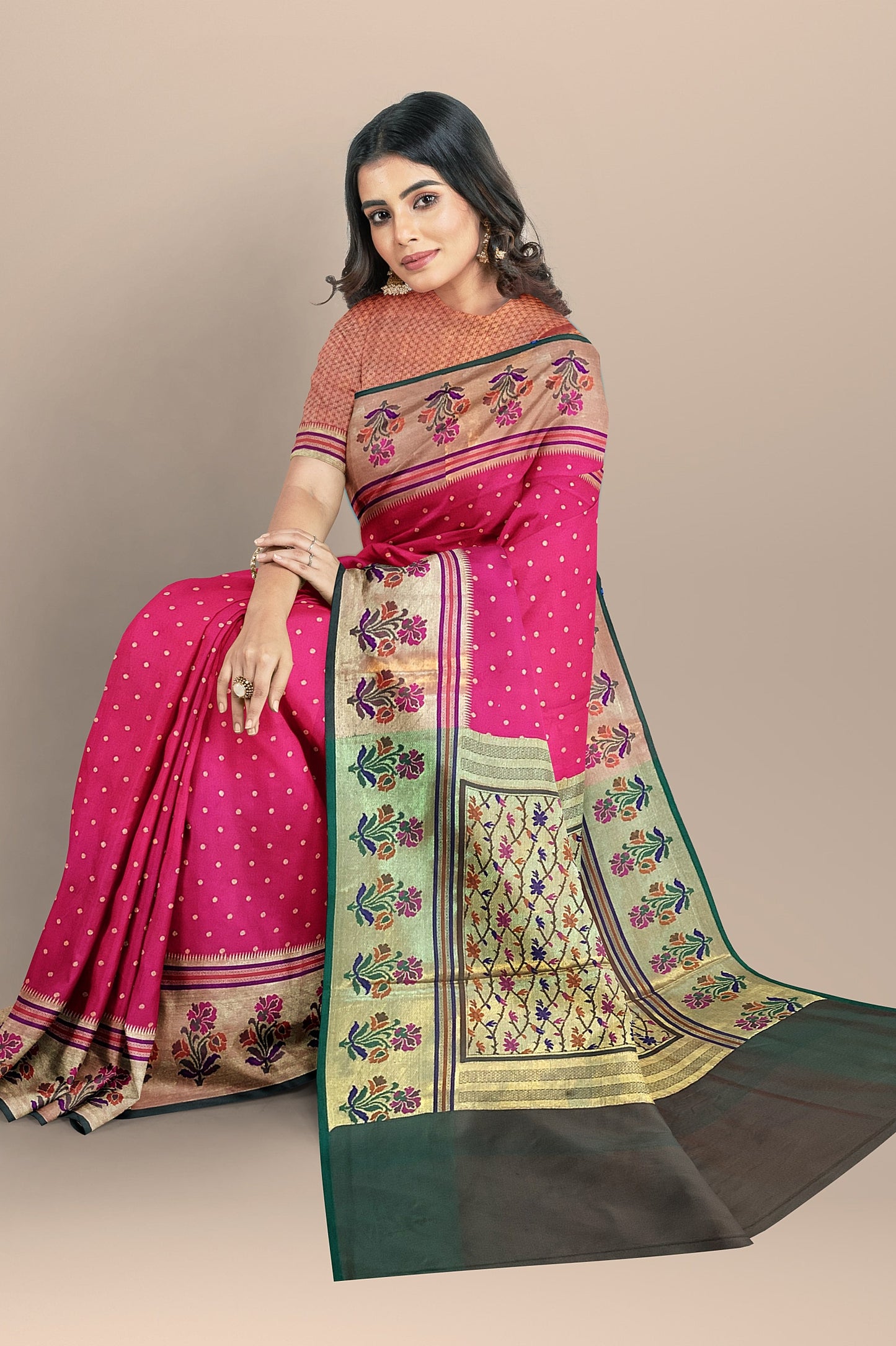 Stunning Pink Banarasi Meenakari Paithani Saree with Green Brocade Pallu and Border